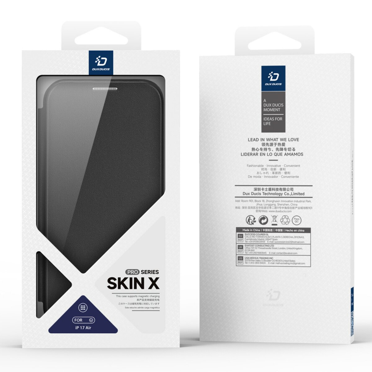 Eine Telefonhüllenbox mit der Marke DUX DUCIS. Die Box ist weiß mit schwarzem Text und einer Hülle. Die Box sagt Skin X.