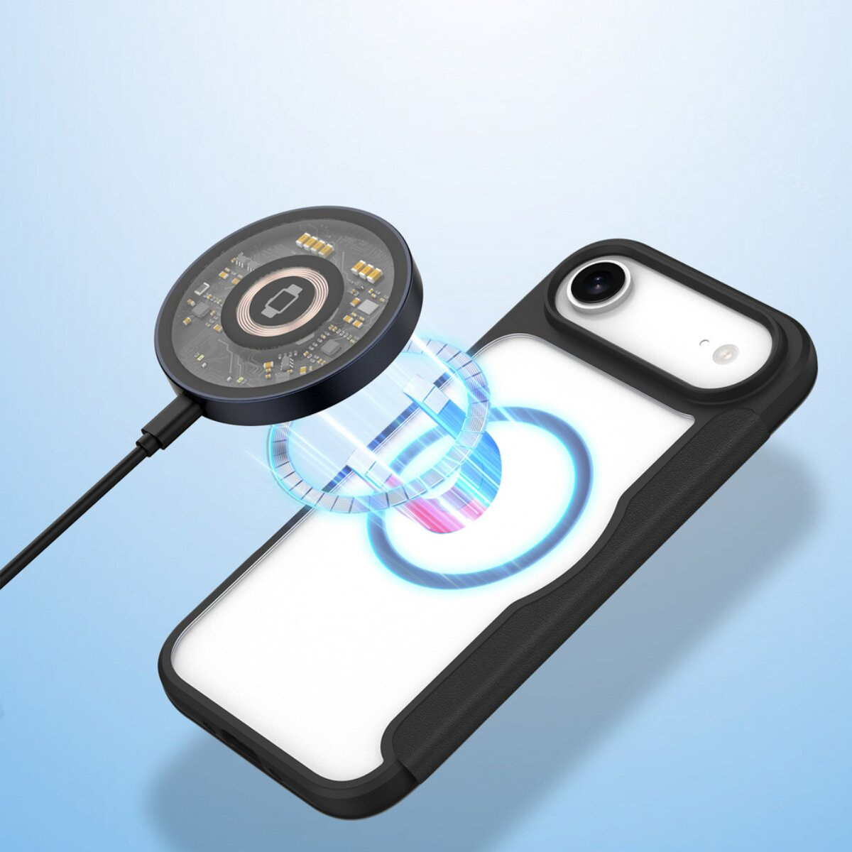 Ein Telefon in einer Hülle wird von einem kabellosen Ladegerät aufgeladen. Das Ladegerät gibt blaue Energie ab. Der Hintergrund ist hellblau.
