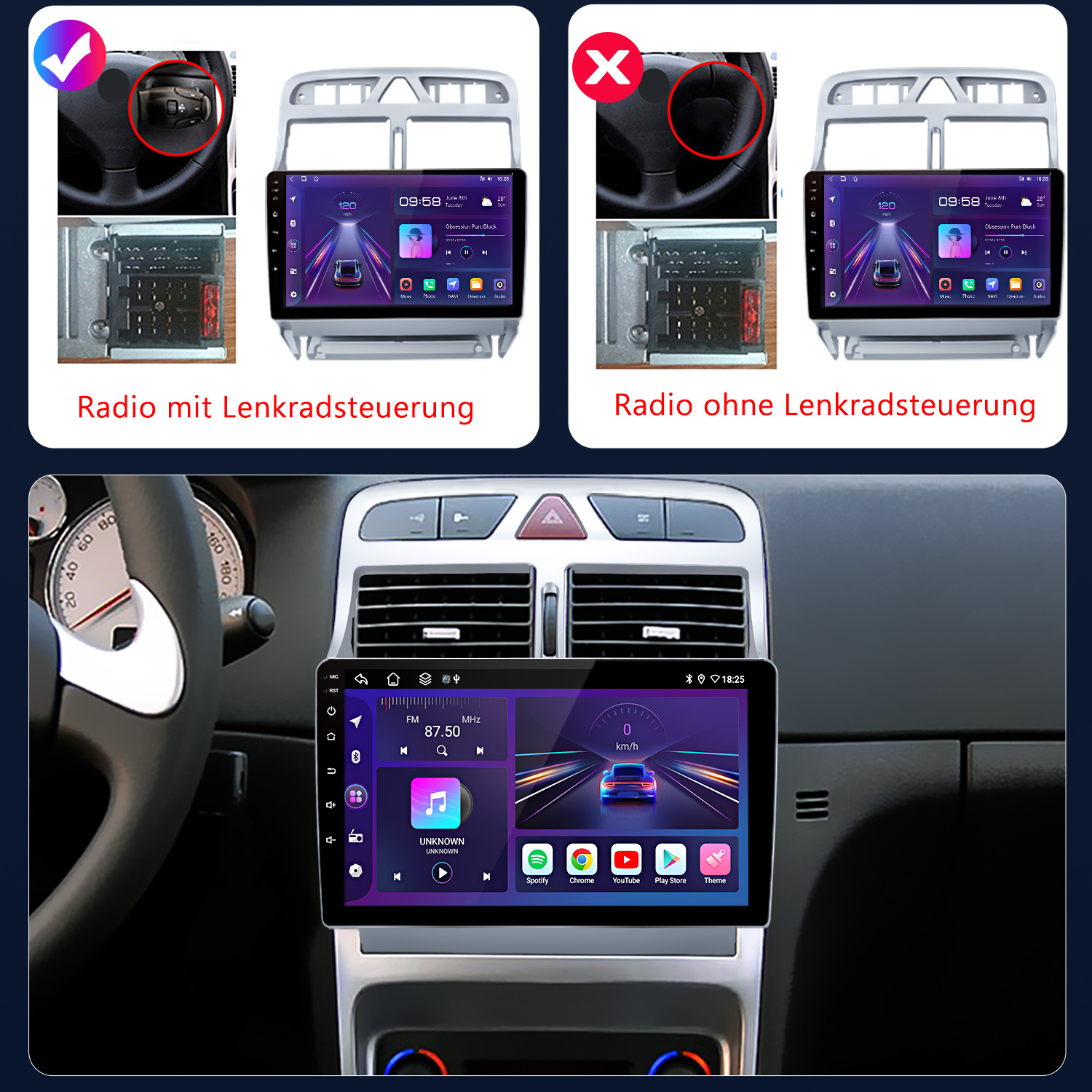 Armaturenbrett mit Radioanzeige, Lenkrad und Radio mit und ohne Lenkradsteuerung.