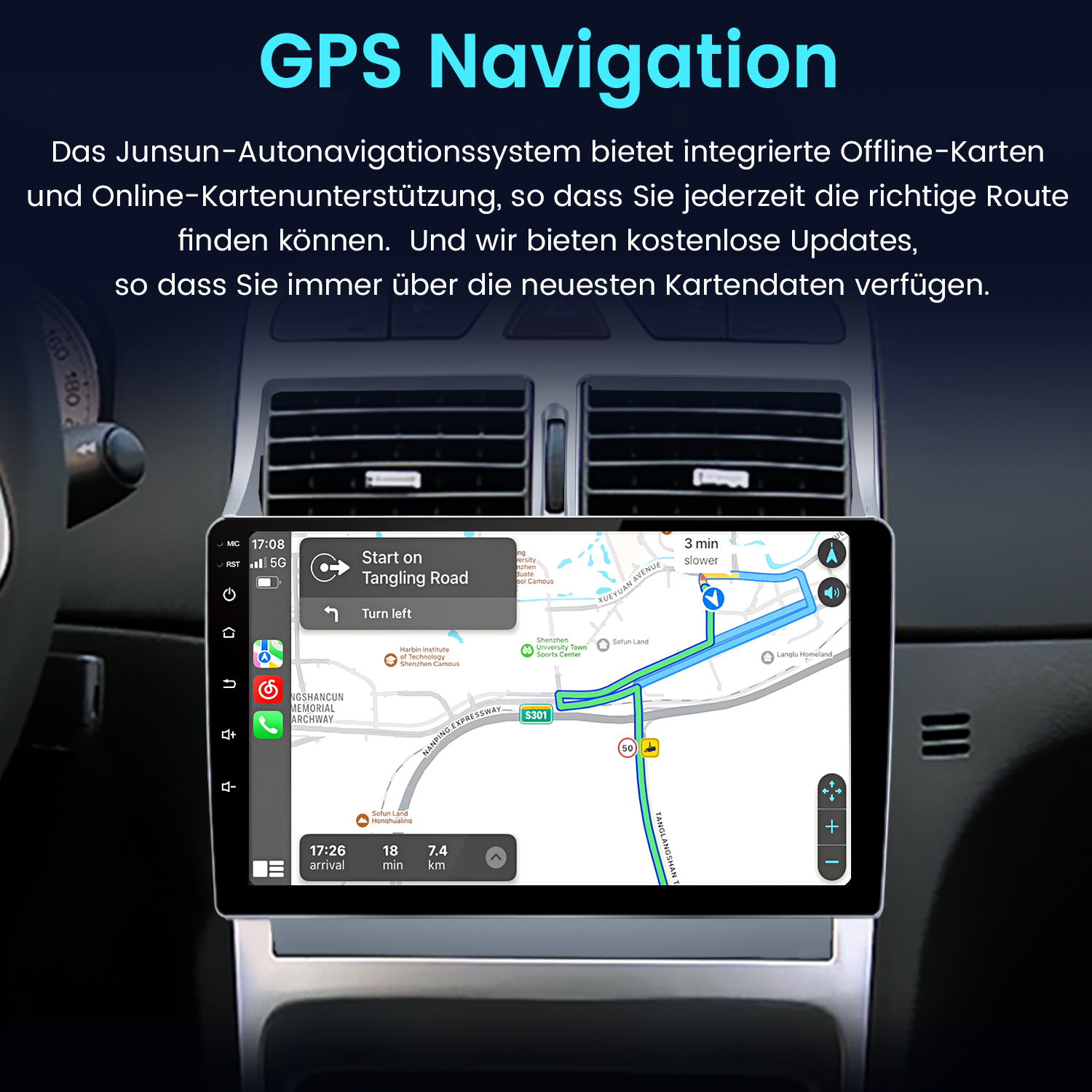 Auto-Dashboard mit GPS-Navigationsbildschirm, der eine Routenkarte und Wegbeschreibungen anzeigt.