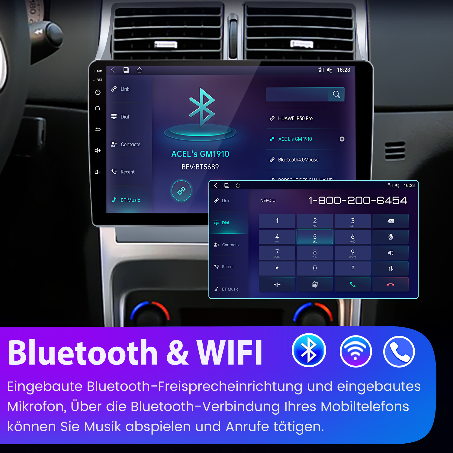Autoinstrumententafel mit Bluetooth-Oberfläche, Wählfunktion und Bluetooth-Musikoptionen. Text: Bluetooth & WIFI.