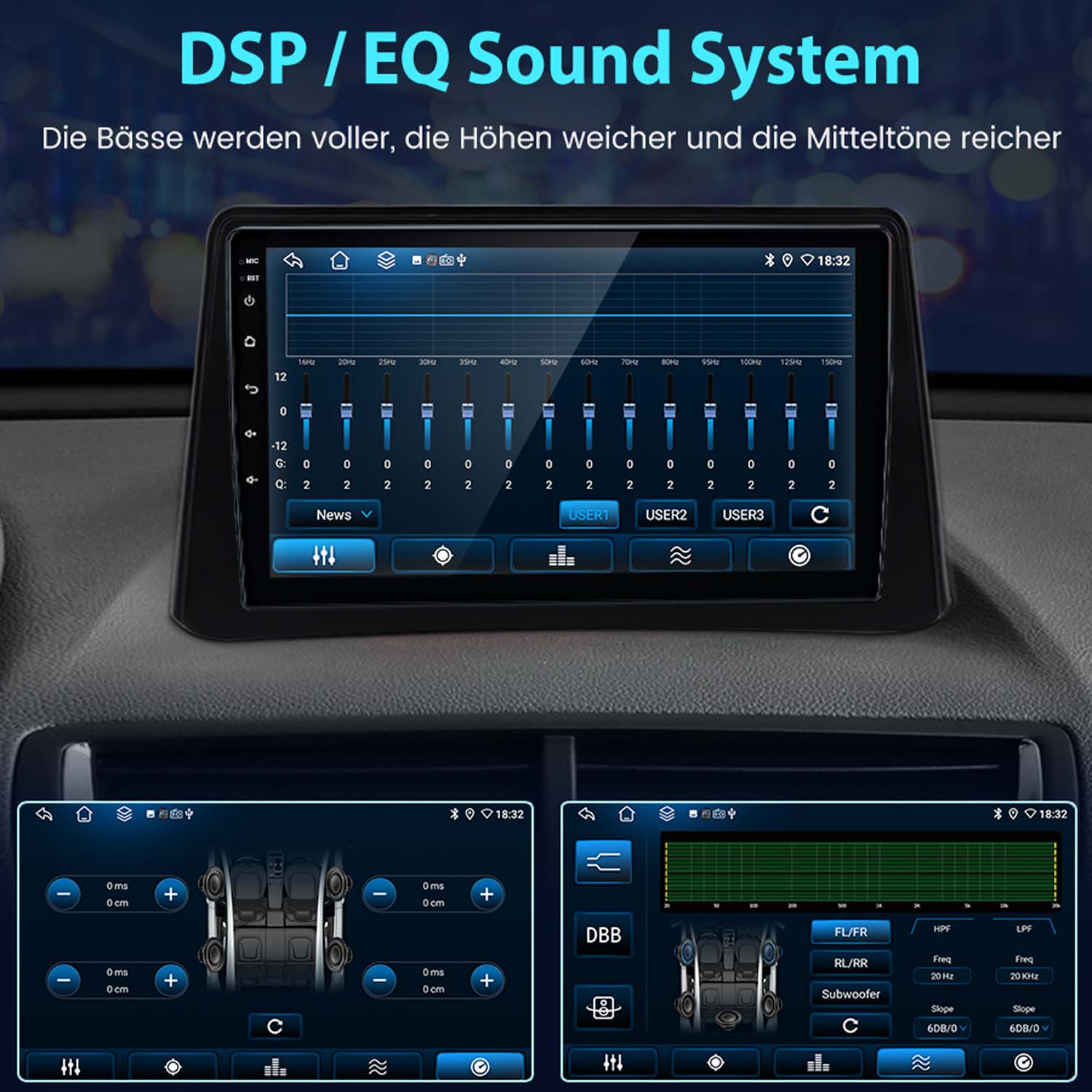 Interfejs systemu audio w samochodzie z korektorem i ustawieniami dźwięku na ekranie. Widoczne przyciski i suwaki.