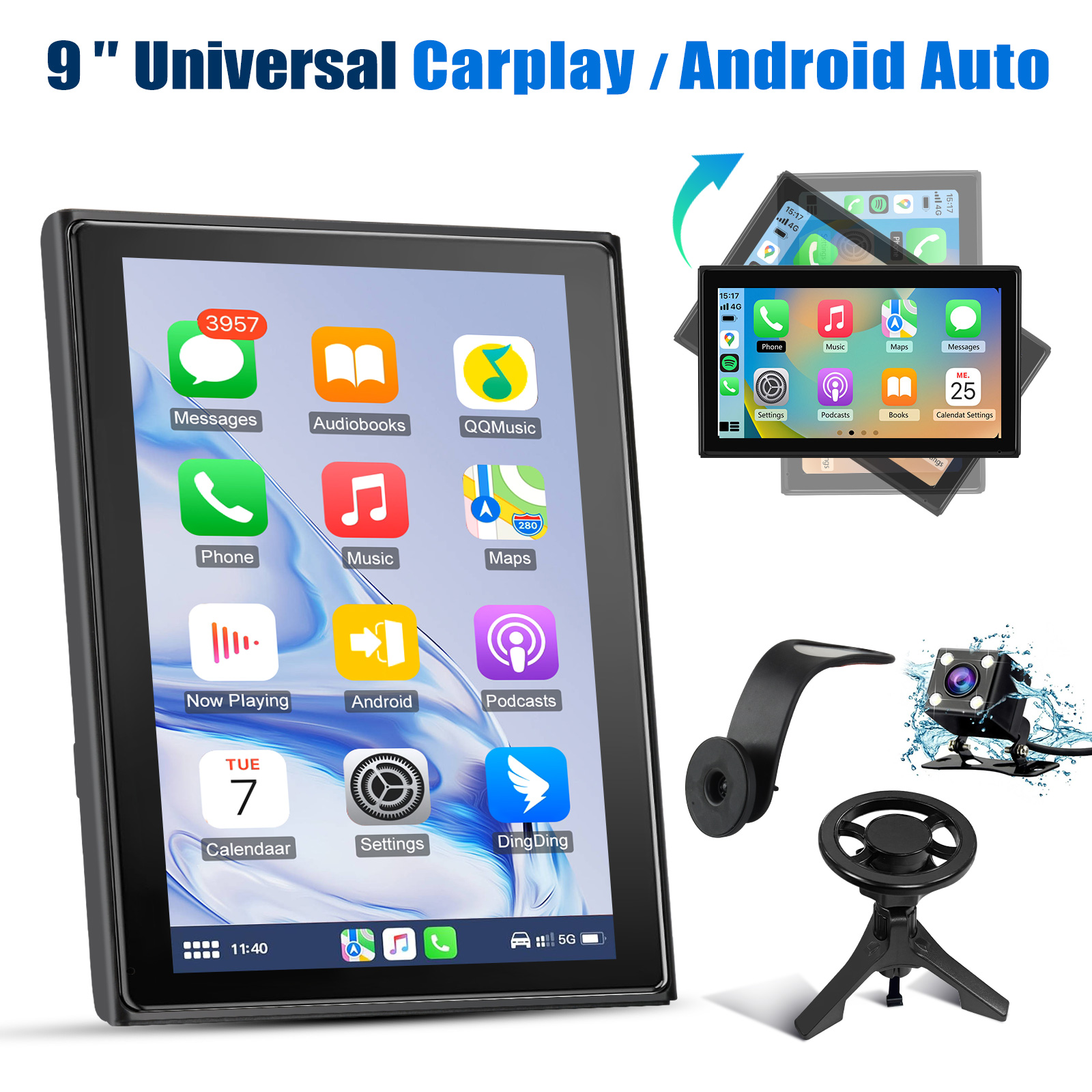 Una pantalla de 9" Universal Carplay/Android Auto con accesorios que incluyen una cámara y un soporte para volante.