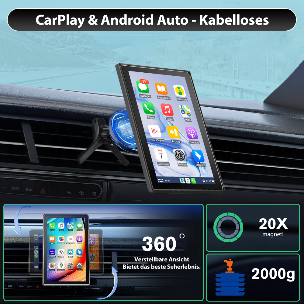 Ein Tablet mit Apps ist im Armaturenbrett eines Autos montiert und zeigt Informationen auf dem Bildschirm. Es zeigt auch die Funktionen.