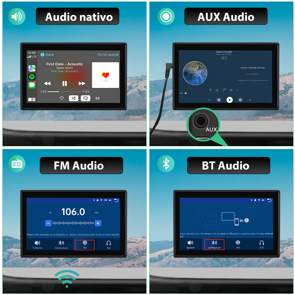 Auto-Audiosystem-Bildschirme, die Musik- und Radiooptionen anzeigen, einschließlich FM, AUX und Bluetooth-Modi.