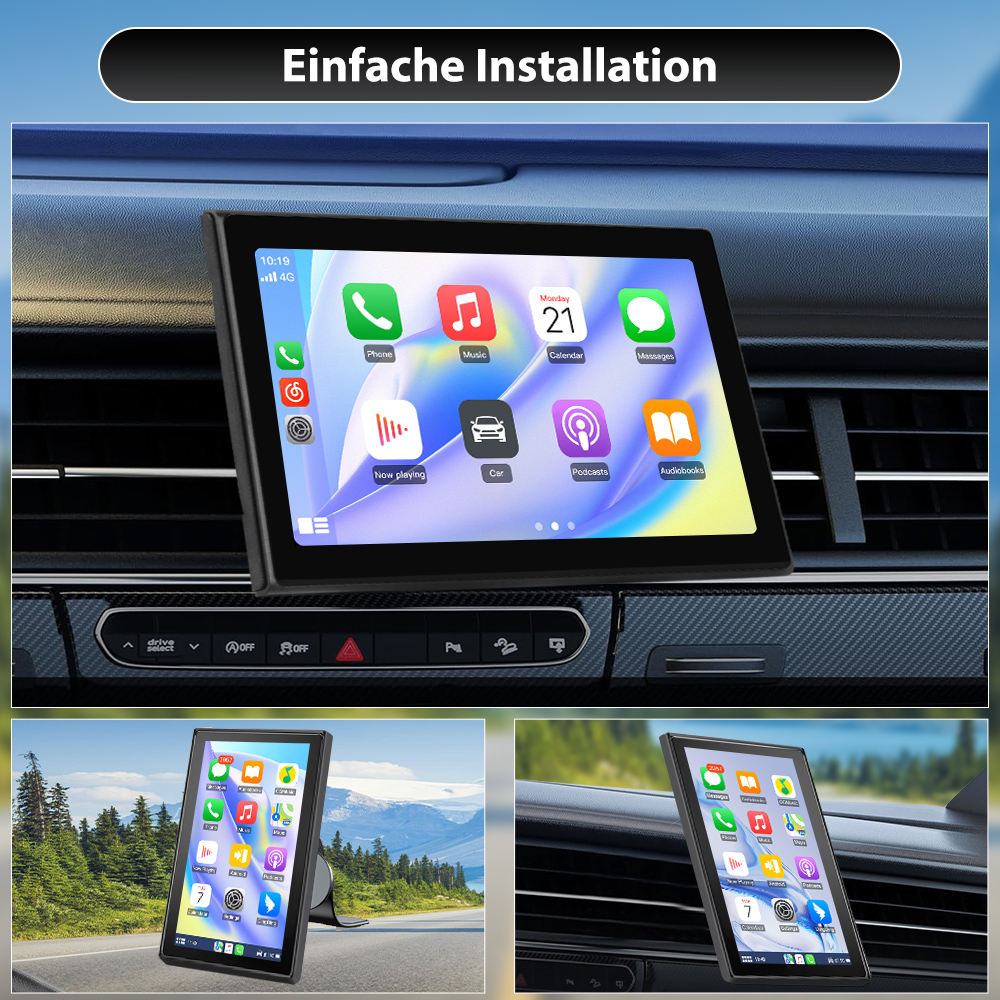Ein Armaturenbrett mit einem Touchscreen, auf dem App-Symbole angezeigt werden. Darunter zeigen zwei kleinere Bilder das Gerät.