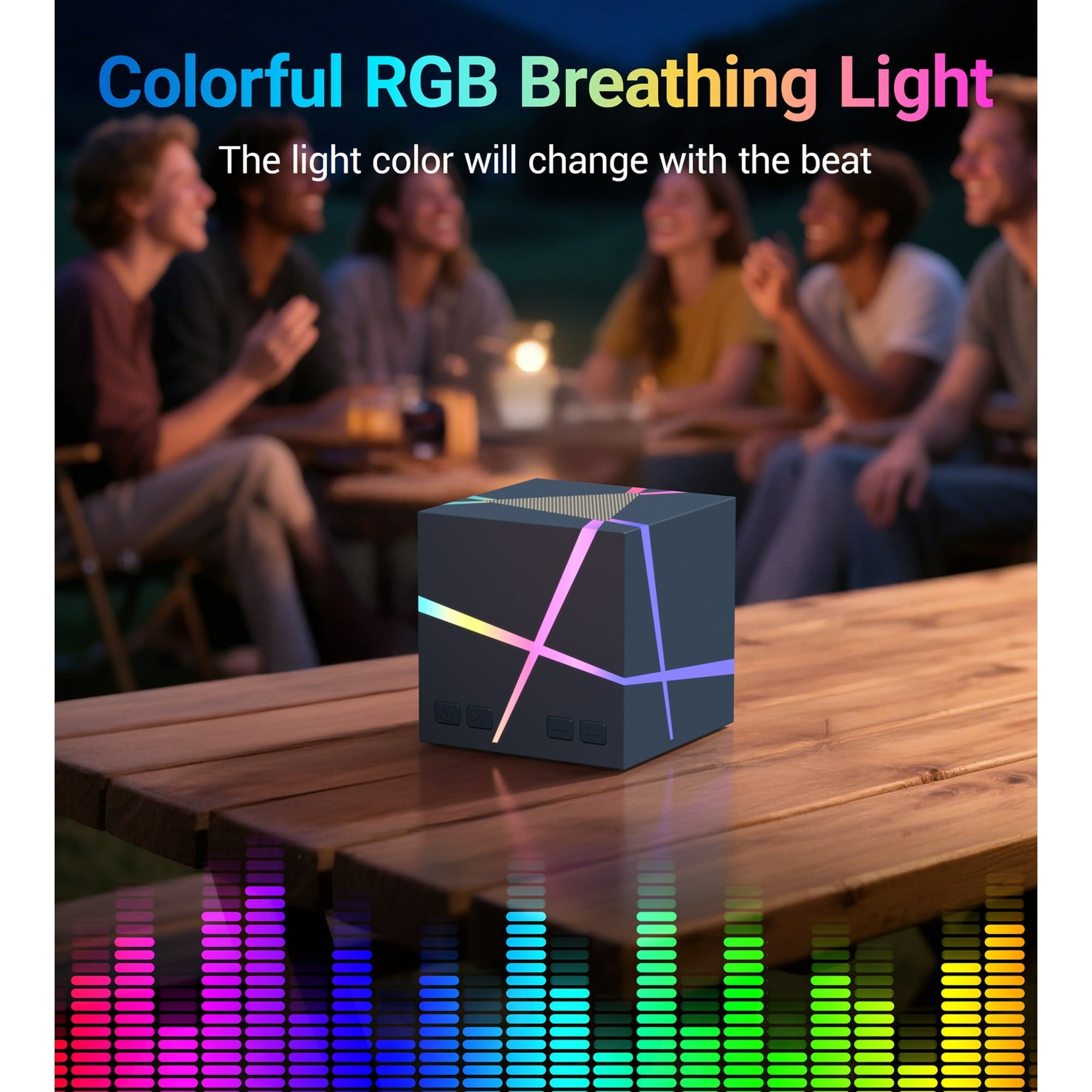 Ein Lautsprecher mit RGB-Beleuchtung steht auf einem Tisch. Personen sind im Hintergrund verschwommen. Unten ist eine Grafik der Schallwelle.