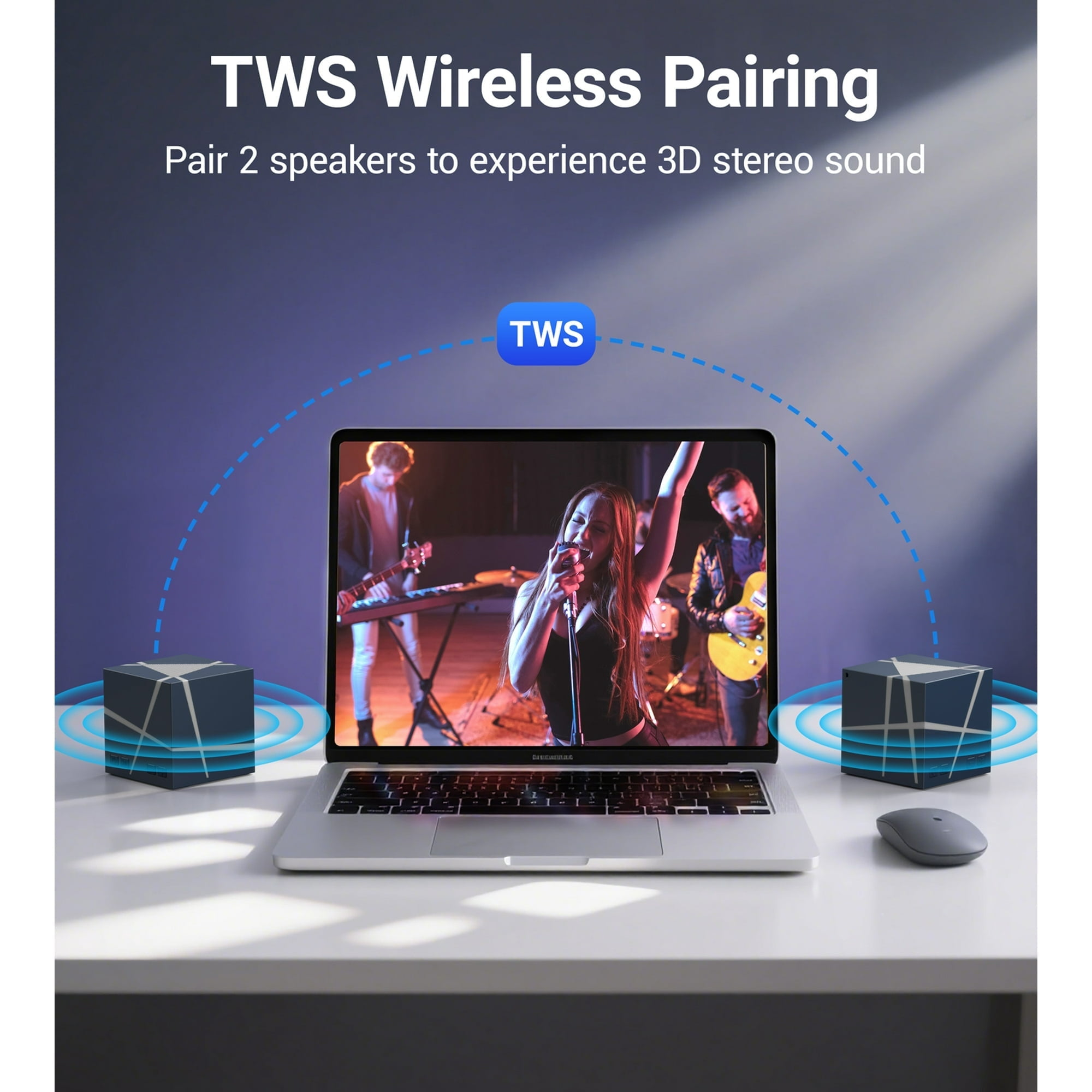 Das Bild zeigt einen Laptop mit zwei Lautsprechern. Auf dem Bildschirm spielt eine Band. Das Bild wirbt für drahtlose Kopplung für 3D-Sound.