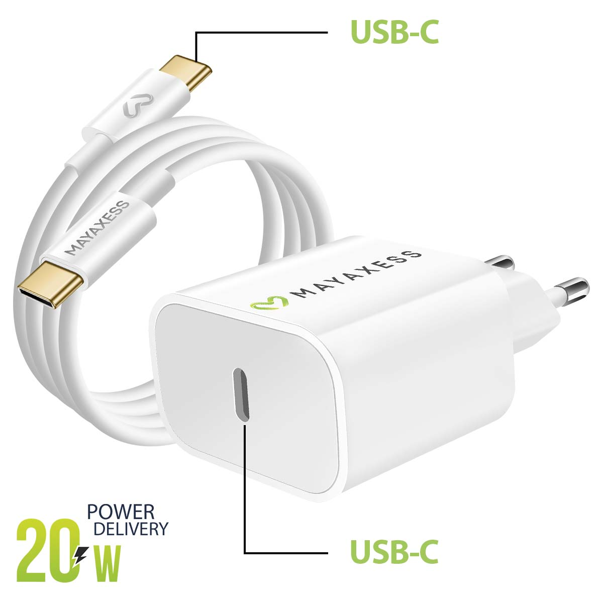 Ein weißes MAYAXESS USB-C-Ladegerät und -Kabel. Das Ladegerät hat einen USB-C-Anschluss und das Kabel ist angeschlossen. Es hat auch 20W Power Delivery.