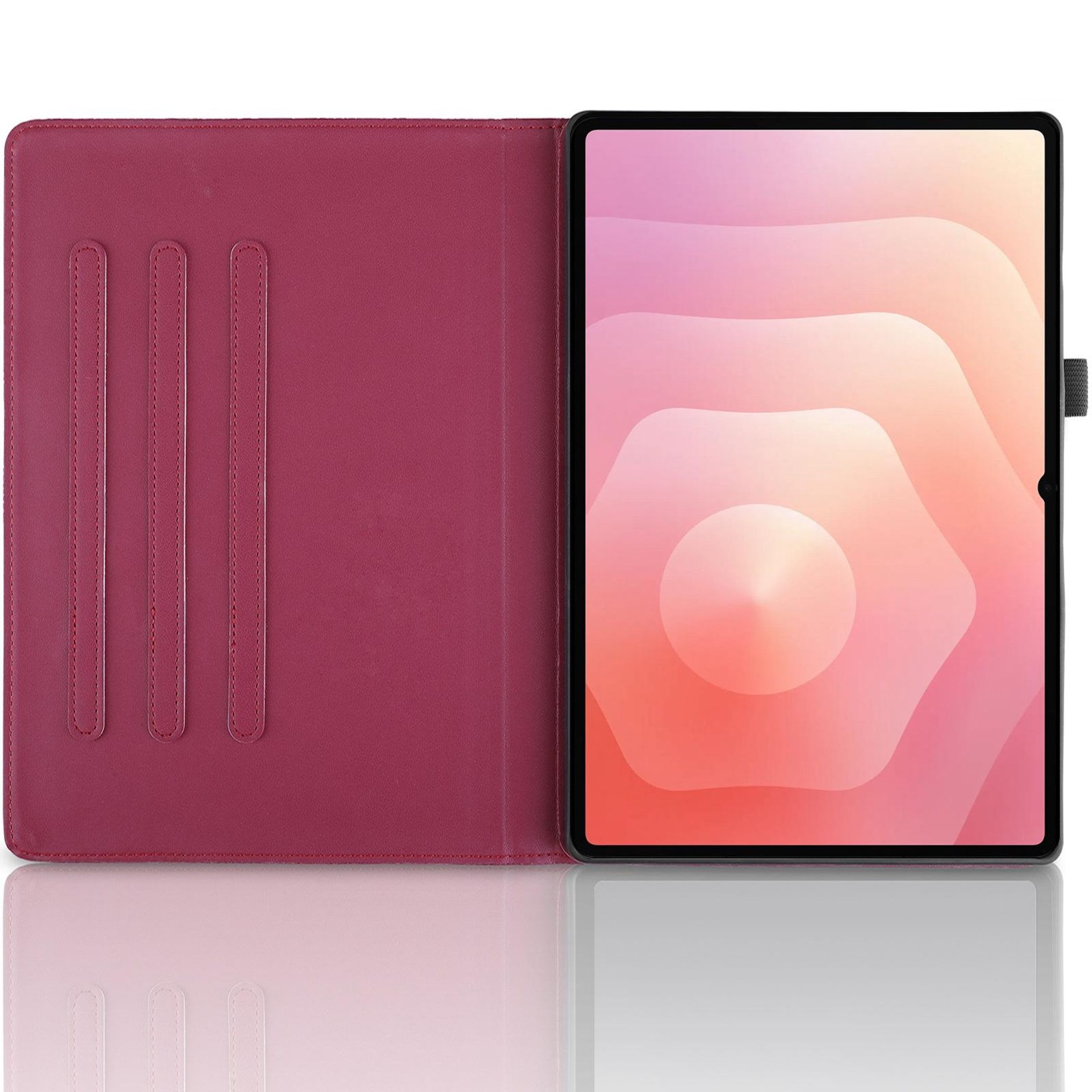 Ein Tablet in einer roten Hülle. Die offene Hülle hat ein Tablet mit einem rosa-orangen Farbverlauf.