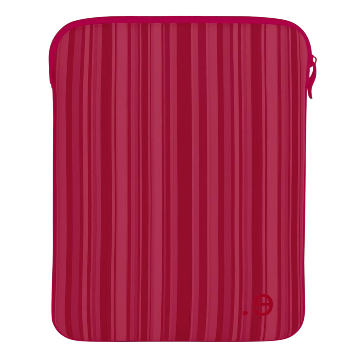 Una custodia rettangolare magenta a righe verticali. Una cerniera in alto a destra. Un piccolo logo in basso.