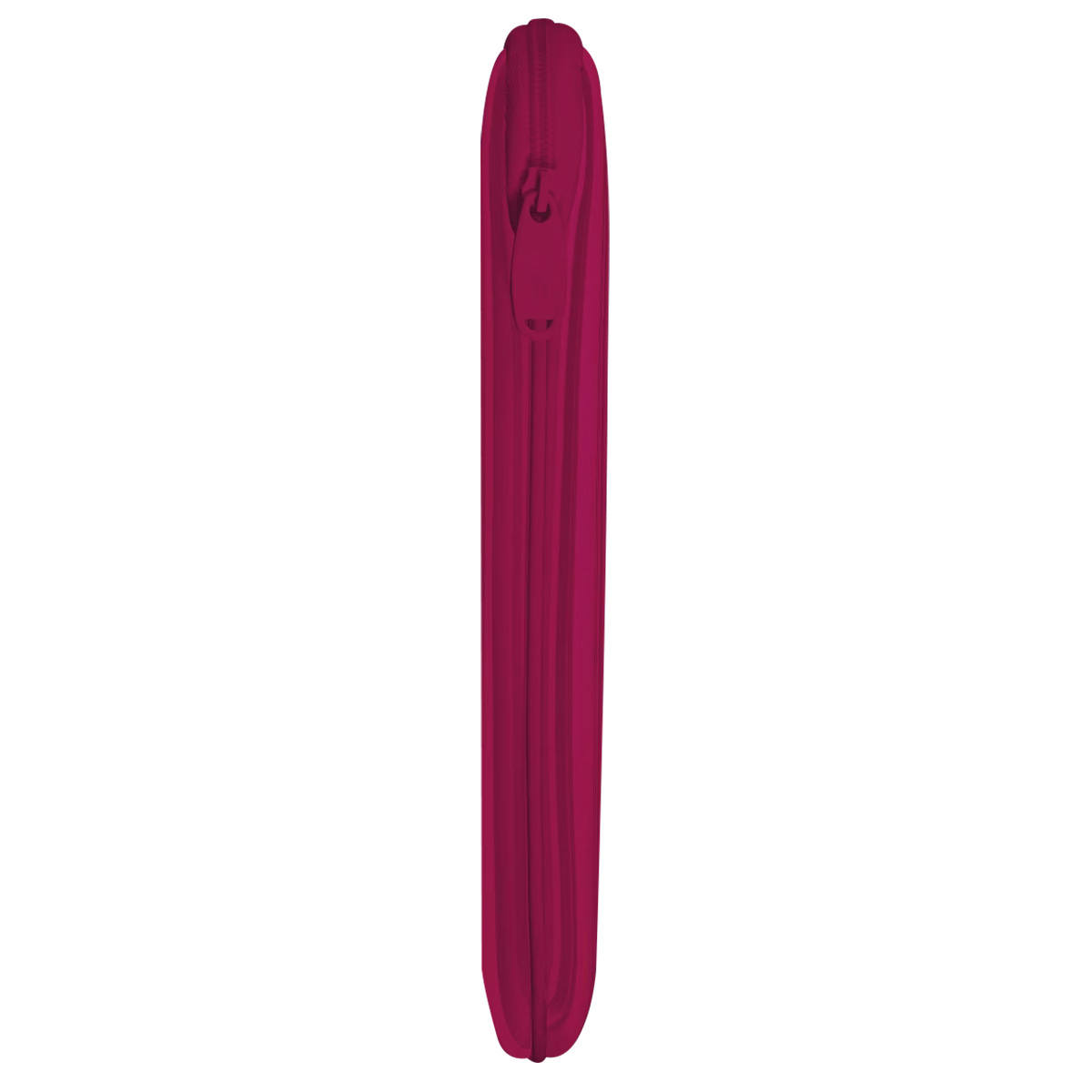 Una custodia verticale con cerniera chiusa, color magenta, su sfondo bianco. La cerniera è in alto e la custodia è lunga e stretta.