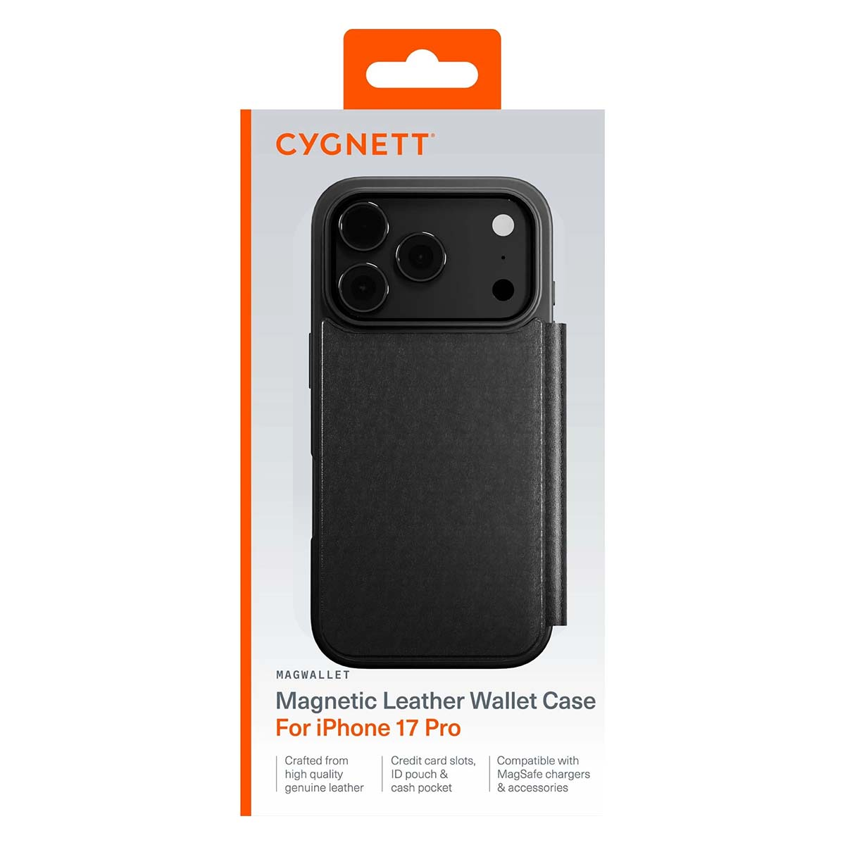 Custodia a portafoglio in pelle nera per iPhone 17 Pro. Con fessure per carte e compatibilità MagSafe. Confezionata in una scatola bianca con dettagli arancioni.