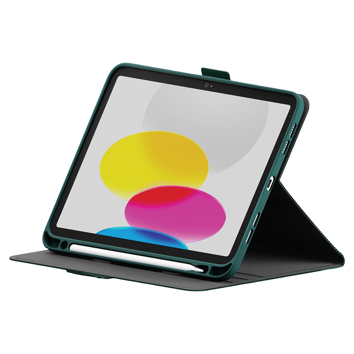 Un iPad in una custodia verde, aperto e appoggiato. Lo schermo mostra forme colorate. Una penna è tenuta nella custodia.