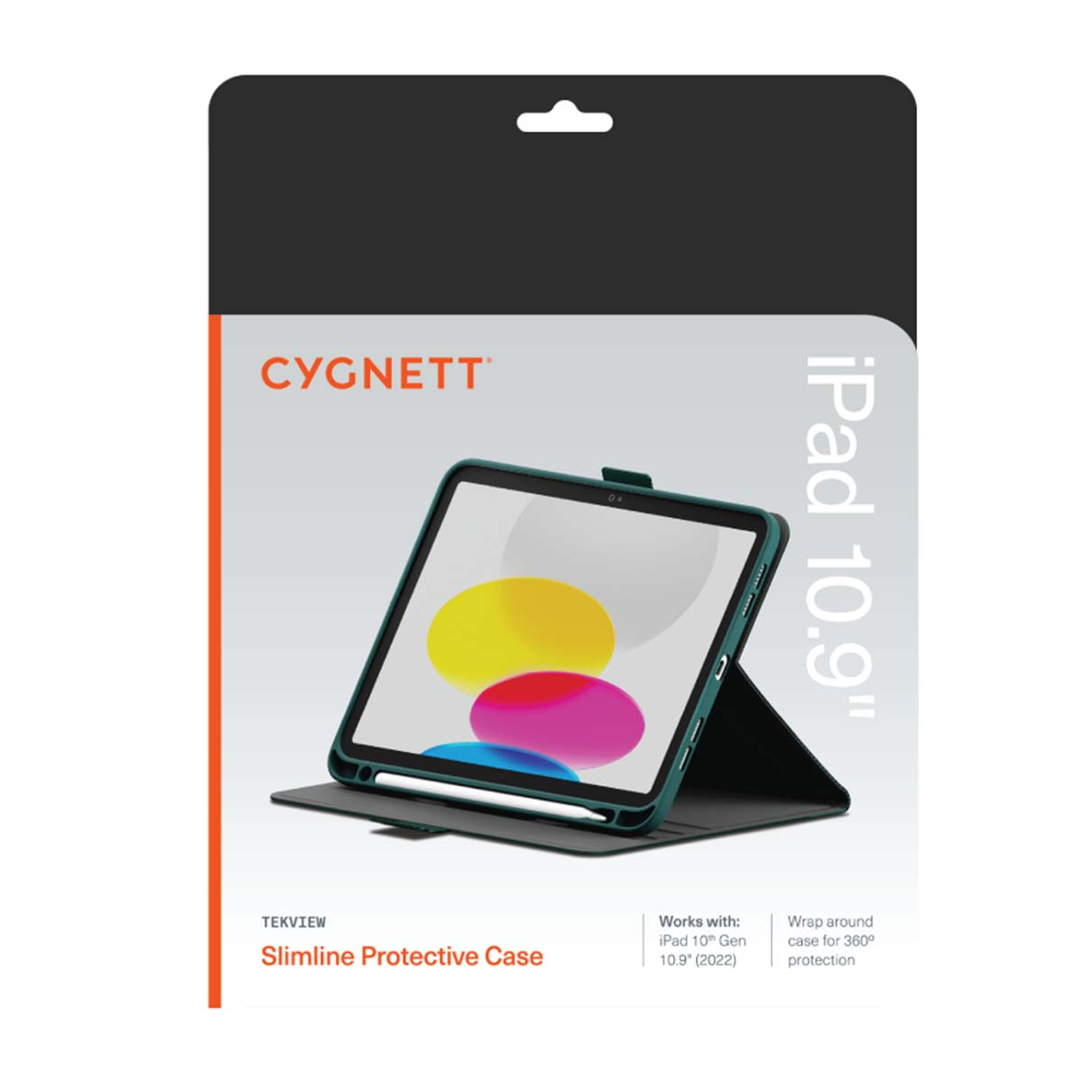 Una confezione di custodia per iPad. La parte anteriore mostra un iPad in una custodia verde acqua. Il marchio è Cygnett. Il testo dice 'Slimline Protective Case'.