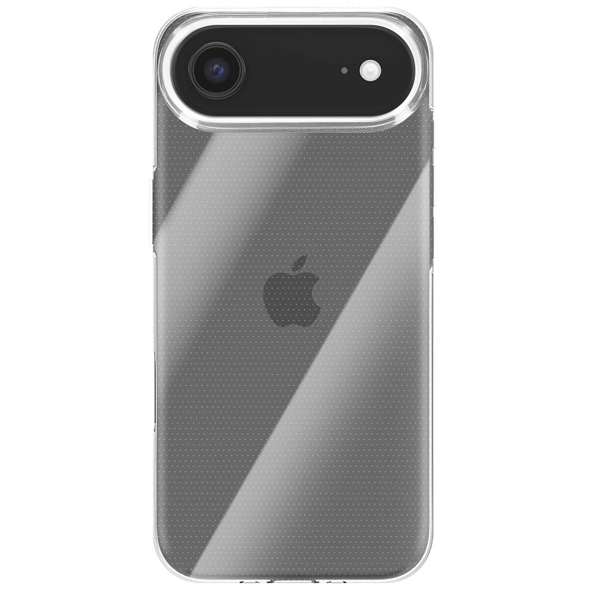 Eine transparente Handyhülle mit Apple-Logo. Das Telefon hat eine Kamera und einen Blitz. Die Hülle hat ein gepunktetes Muster.
