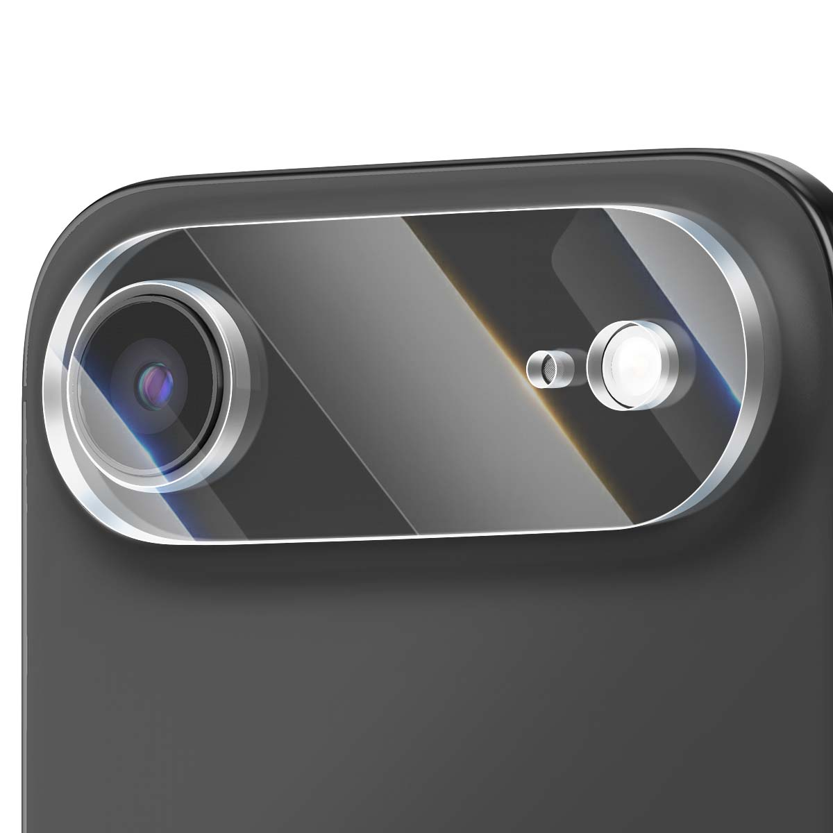 Nahaufnahme eines Smartphone-Kameramoduls. Es verfügt über ein Objektiv, einen Blitz und Schutzglas, alles auf dunklem Hintergrund.
