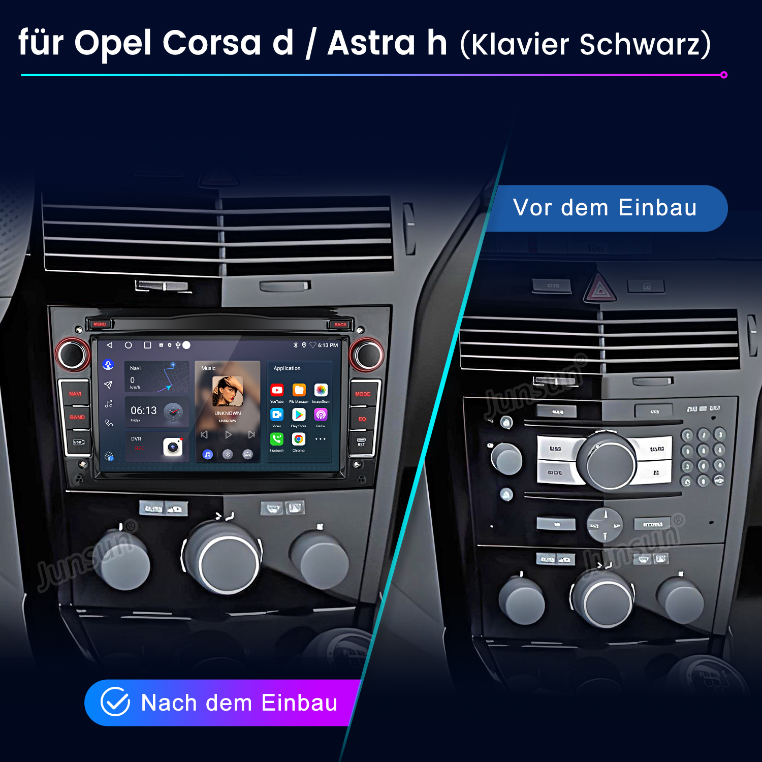 Vergleich des Armaturenbretts: vor und nach dem Einbau eines neuen Multimedia-Systems. Zeigt das neue System mit Touchscreen.