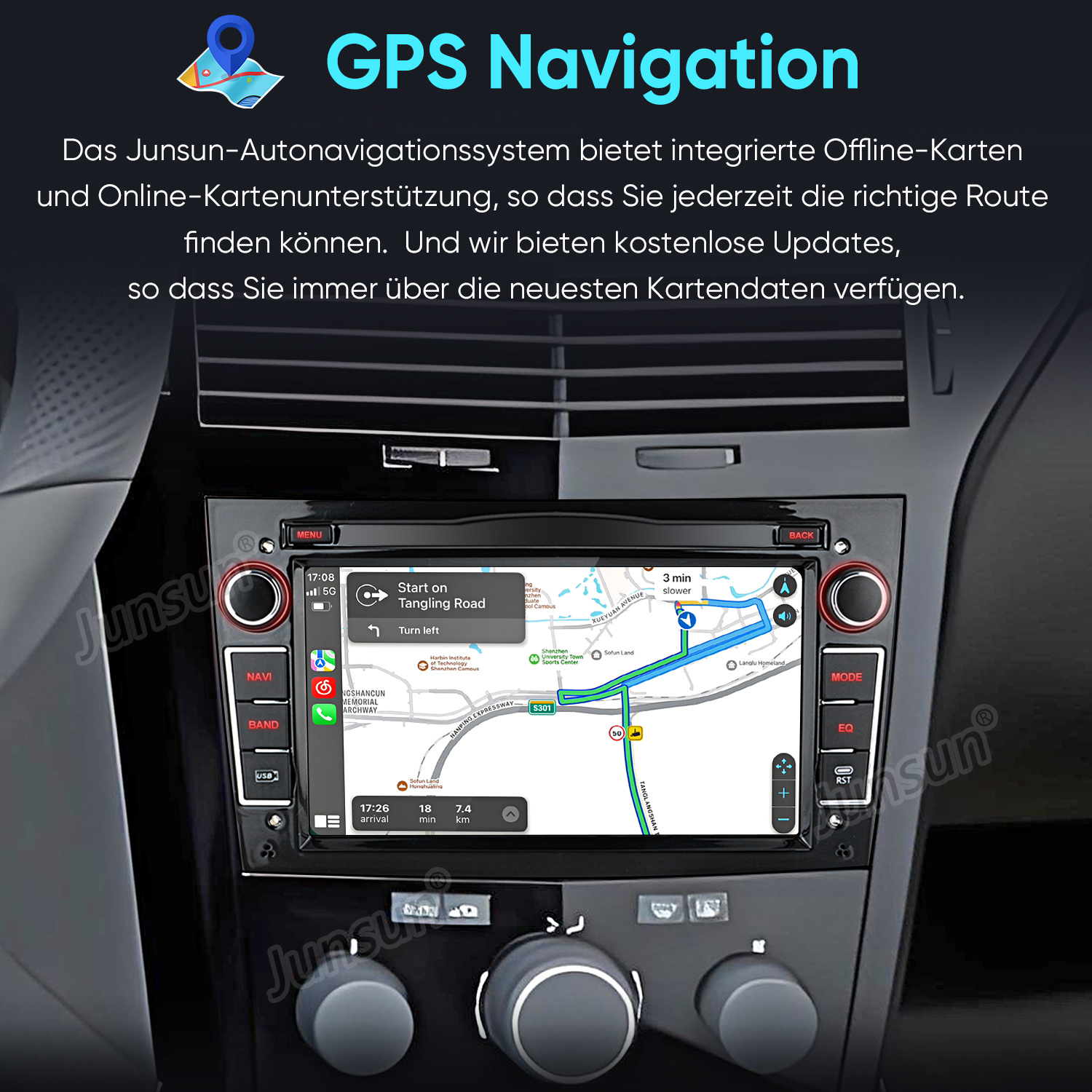 Auto-Navigationssystembildschirm mit Karten- und Routenführung. Knöpfe für Menü, Navigationsfunktion und mehr.