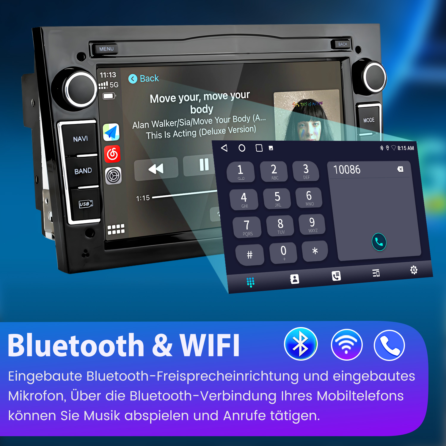 Autoradio mit Touchscreen, der Musik, Telefontastatur und Bluetooth/WLAN-Logos anzeigt.