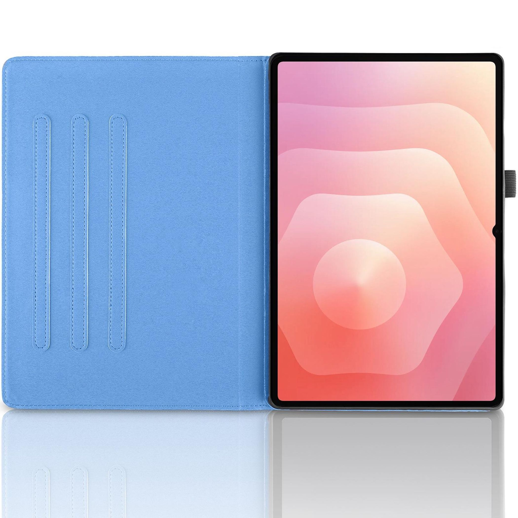 Una funda azul para tableta está abierta, revelando una tableta con pantalla rosa y naranja. La funda tiene ranuras para tarjetas.