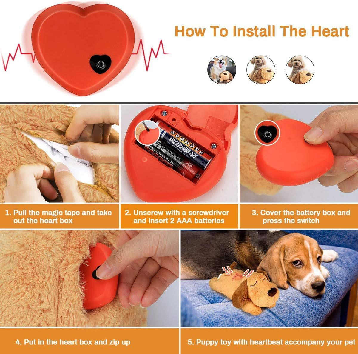 Anleitung zum Einsetzen eines herzförmigen Spielzeugs. Schritte umfassen Öffnen, Einlegen der Batterien und Platzieren in einem Plüschhundespielzeug.