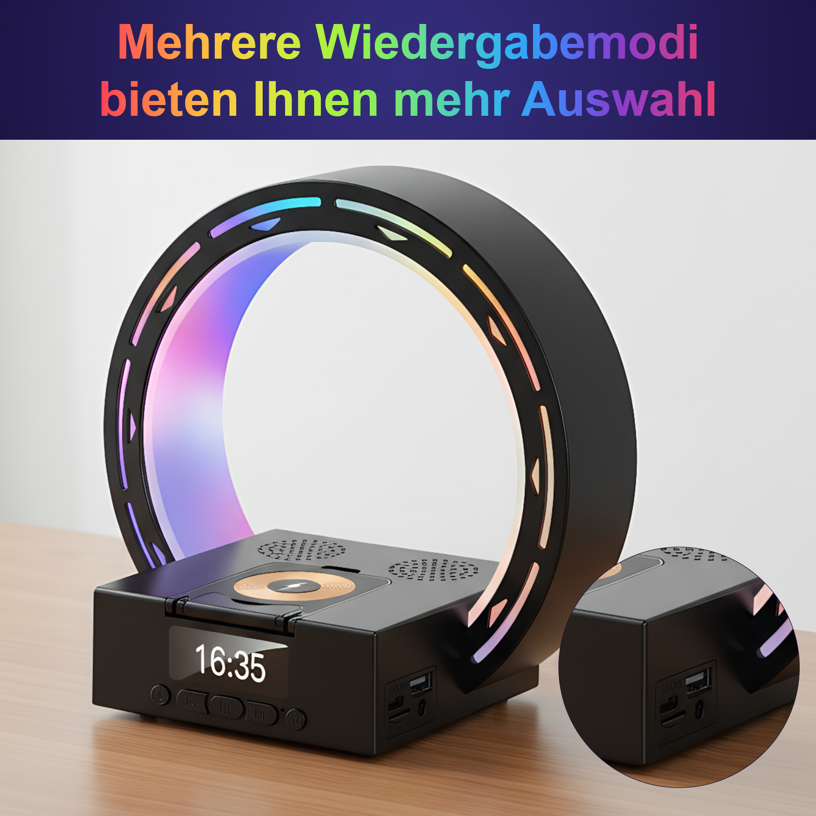 Schwarzes Gerät mit leuchtendem Ring, Display mit 16:35 und Holzoberfläche. Der Hintergrund ist weiß.