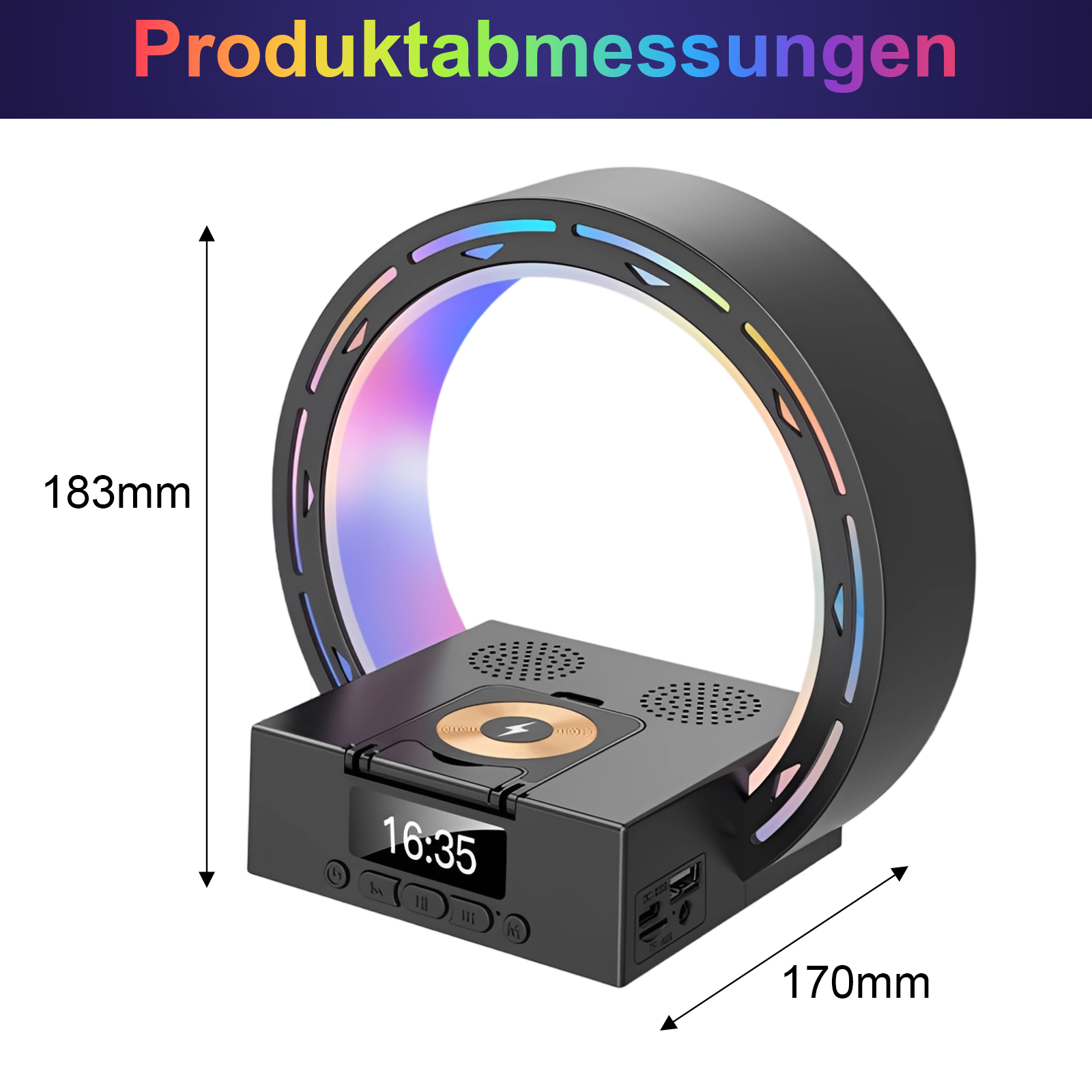 Schwarze kreisförmige Lampe mit Digitaluhr und kabellosem Laden. Abmessungen sind neben dem Gerät angezeigt.