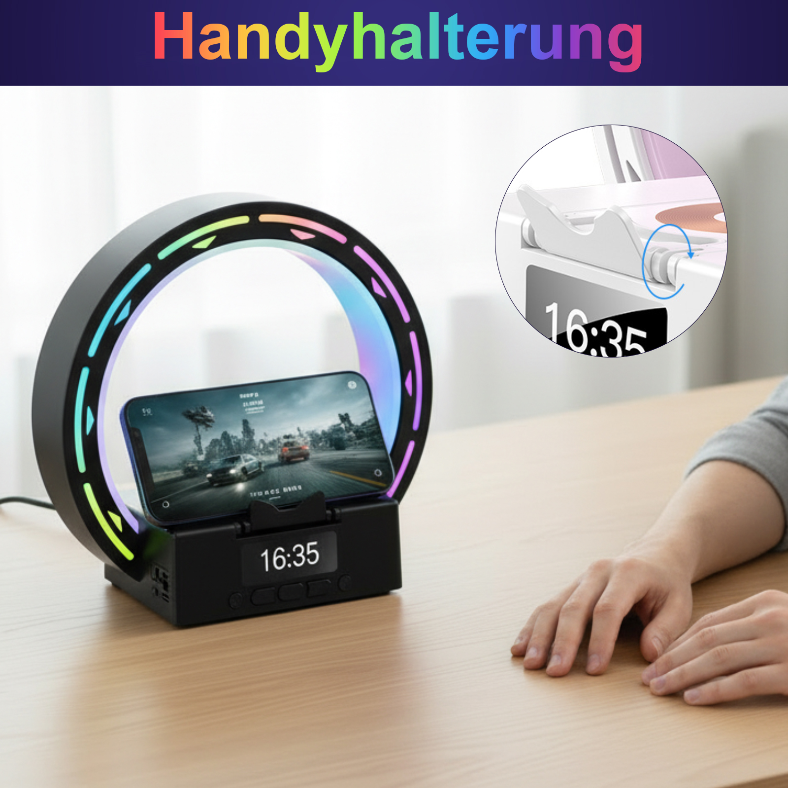 Ein Telefonhalter mit einem Bildschirm, der 16:35 anzeigt. Er hat ein Ringlicht mit Regenbogenfarben, und die Hände einer Person liegen auf einem Tisch.