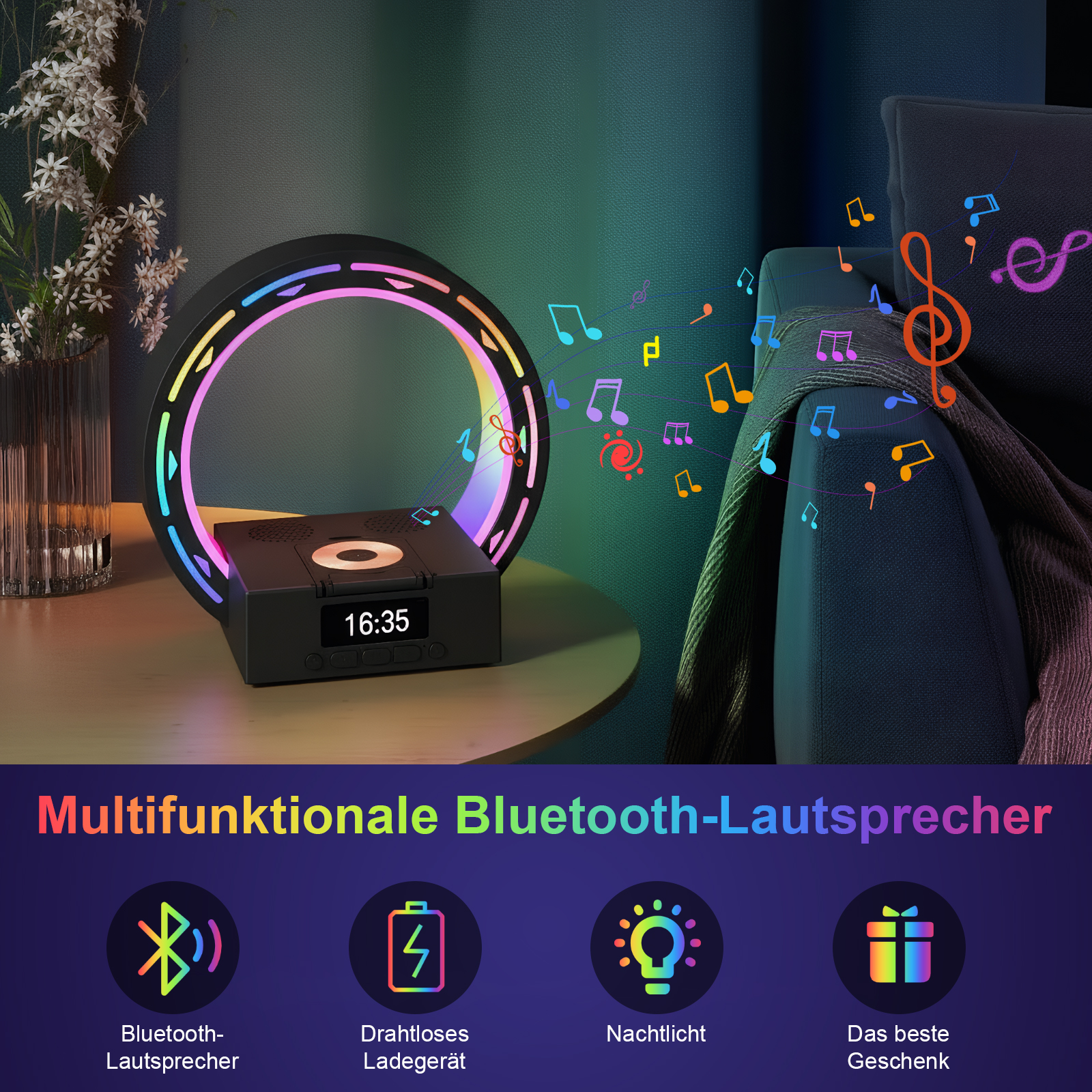 Ein moderner Lautsprecher mit Ringlicht, Uhr und Noten in der Luft, neben einem Sofa.