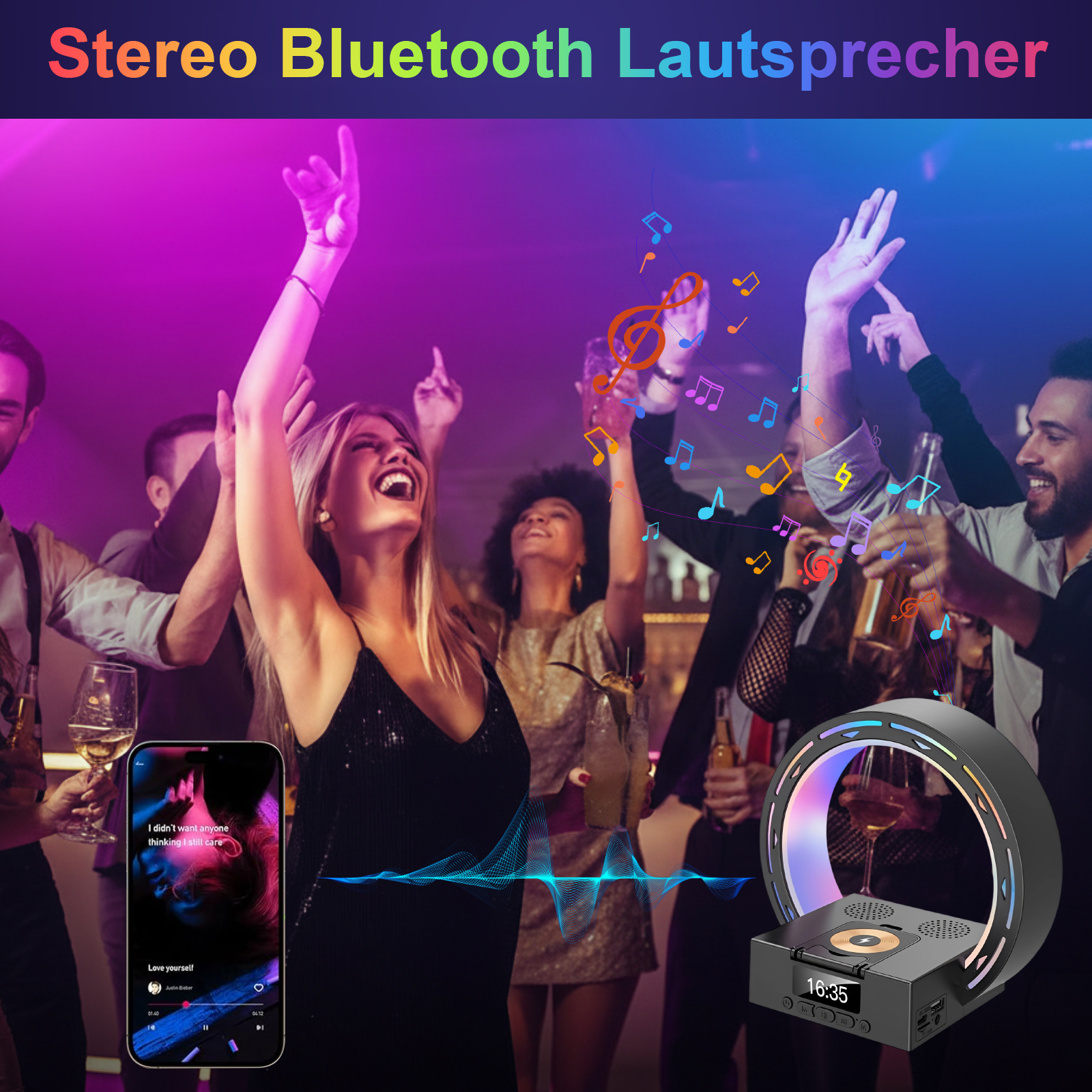 Leute tanzen mit erhobenen Armen. Ein Telefon zeigt Musik. Ein Lautsprecher mit Ringlicht befindet sich rechts. Noten schweben.