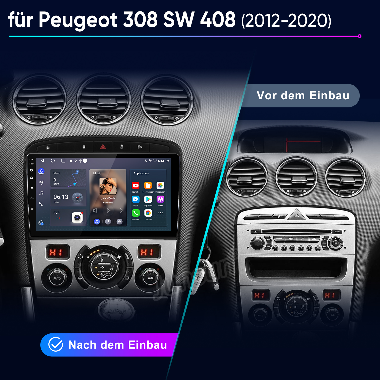 Vergleich des Armaturenbretts des Autos: vor und nach dem Einbau eines neuen Multimediasystems. Zeigt Bildschirm und Bedienelemente.