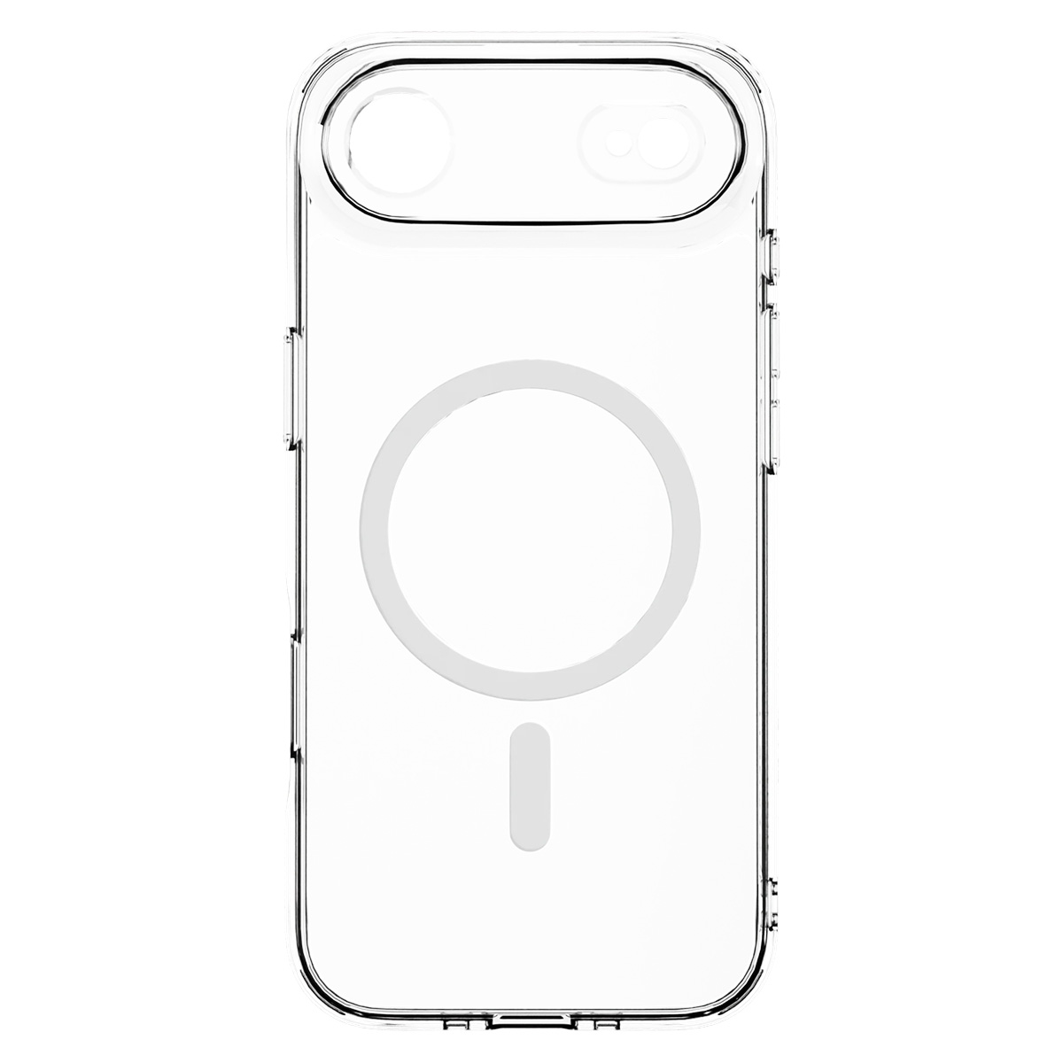 Una custodia trasparente per telefono. Presenta fori per fotocamera e pulsanti. Un cerchio bianco e un rettangolo verticale sul retro.