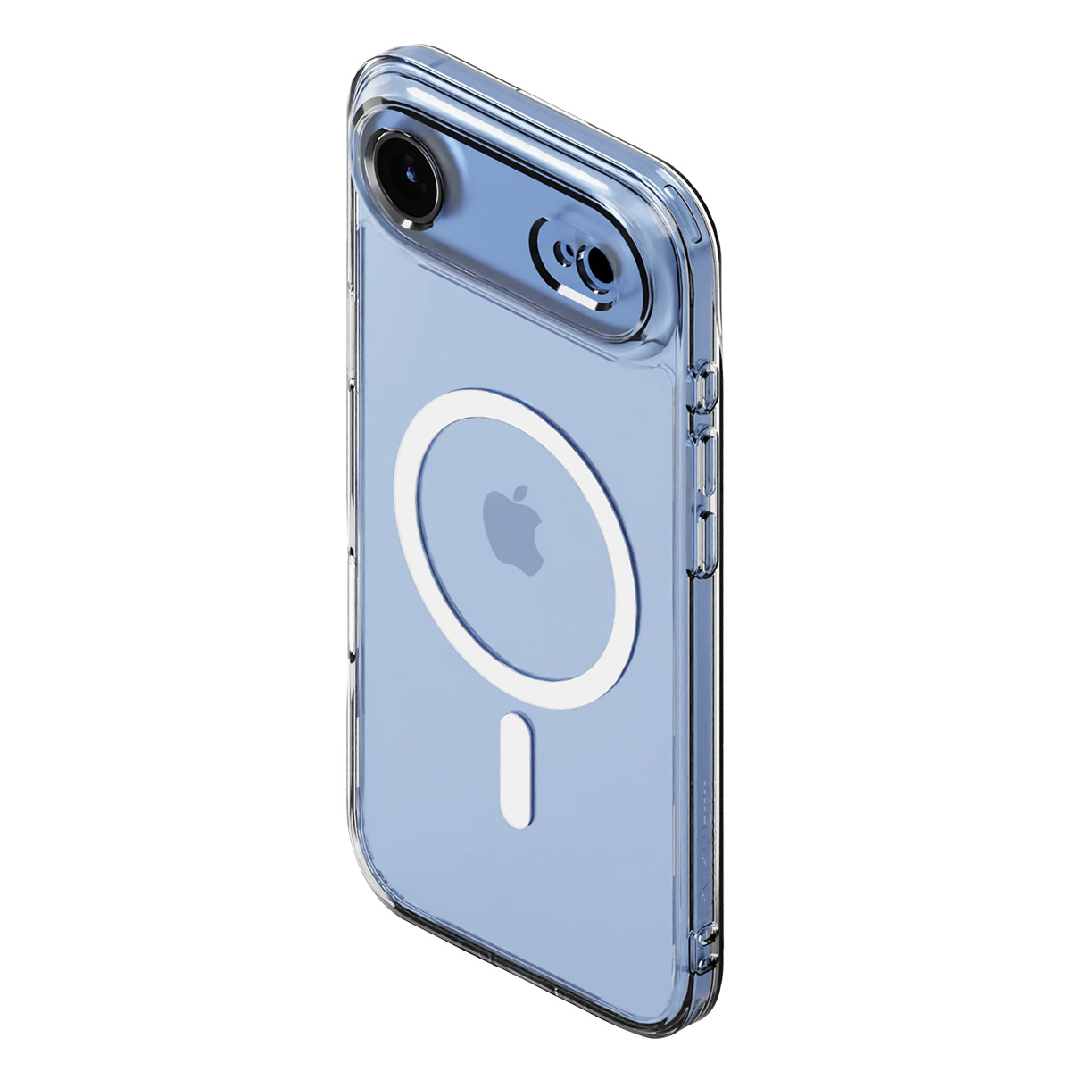 Una custodia trasparente blu per iPhone con logo Apple, fotocamera e anello magnetico bianco. La custodia è trasparente.
