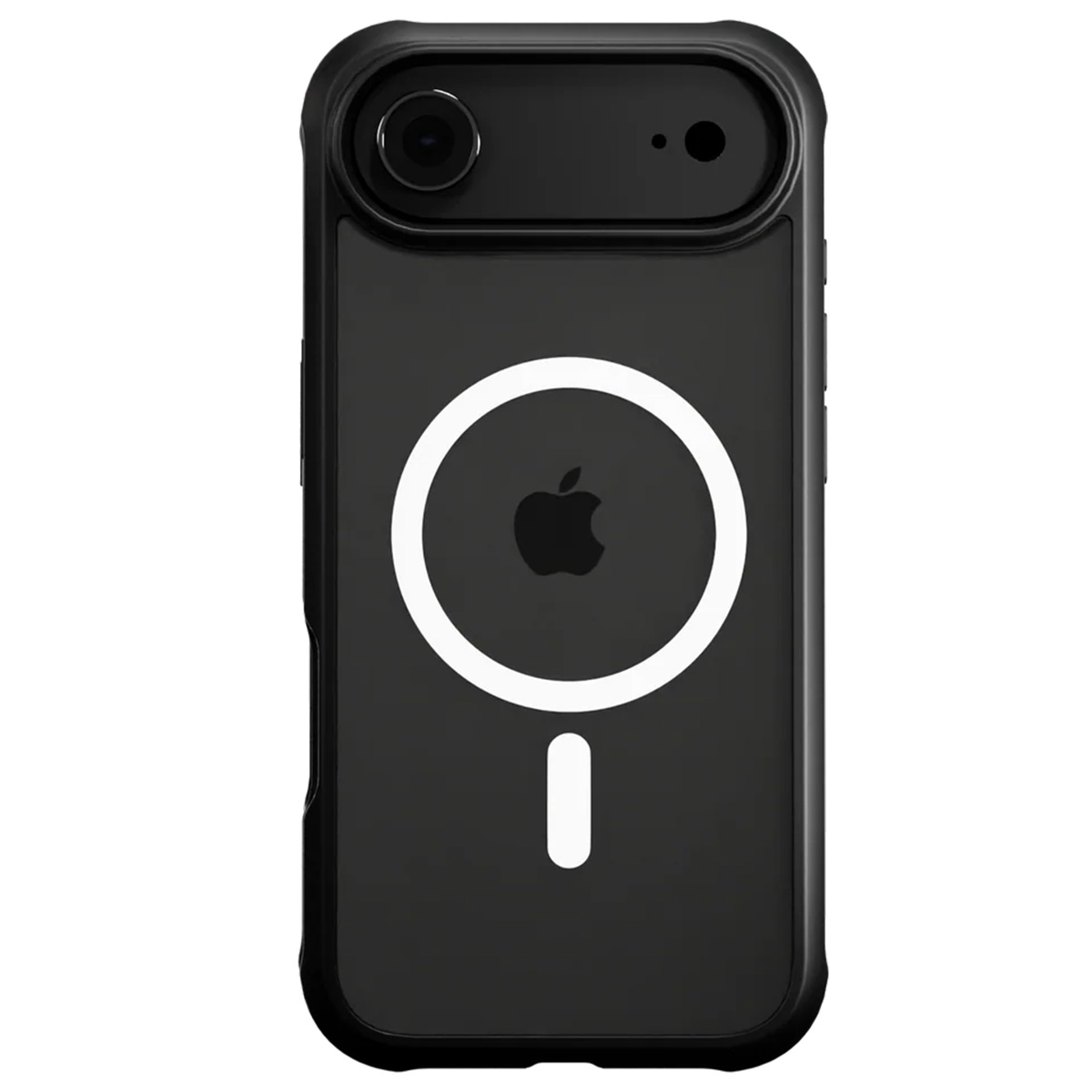 Custodia nera per telefono con fotocamera e logo Apple. Design cerchio bianco e simbolo meno. Bordo protettivo nero.