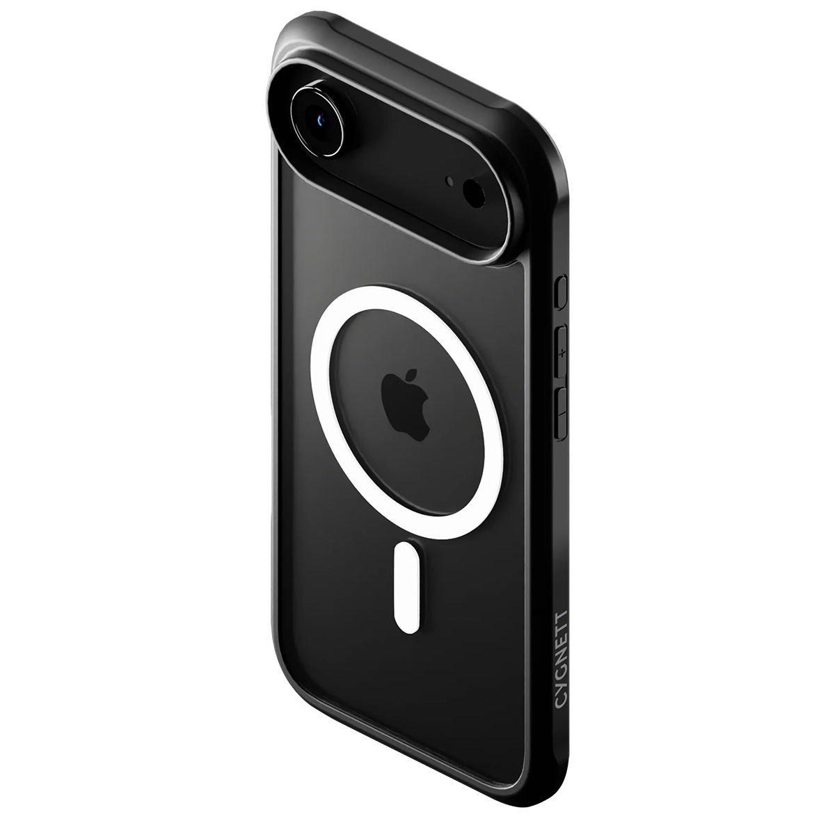 Custodia per telefono nera con ritaglio per fotocamera, cerchio bianco con logo Apple e striscia verticale bianca. Il lato ha pulsanti e il logo CYGNETT.