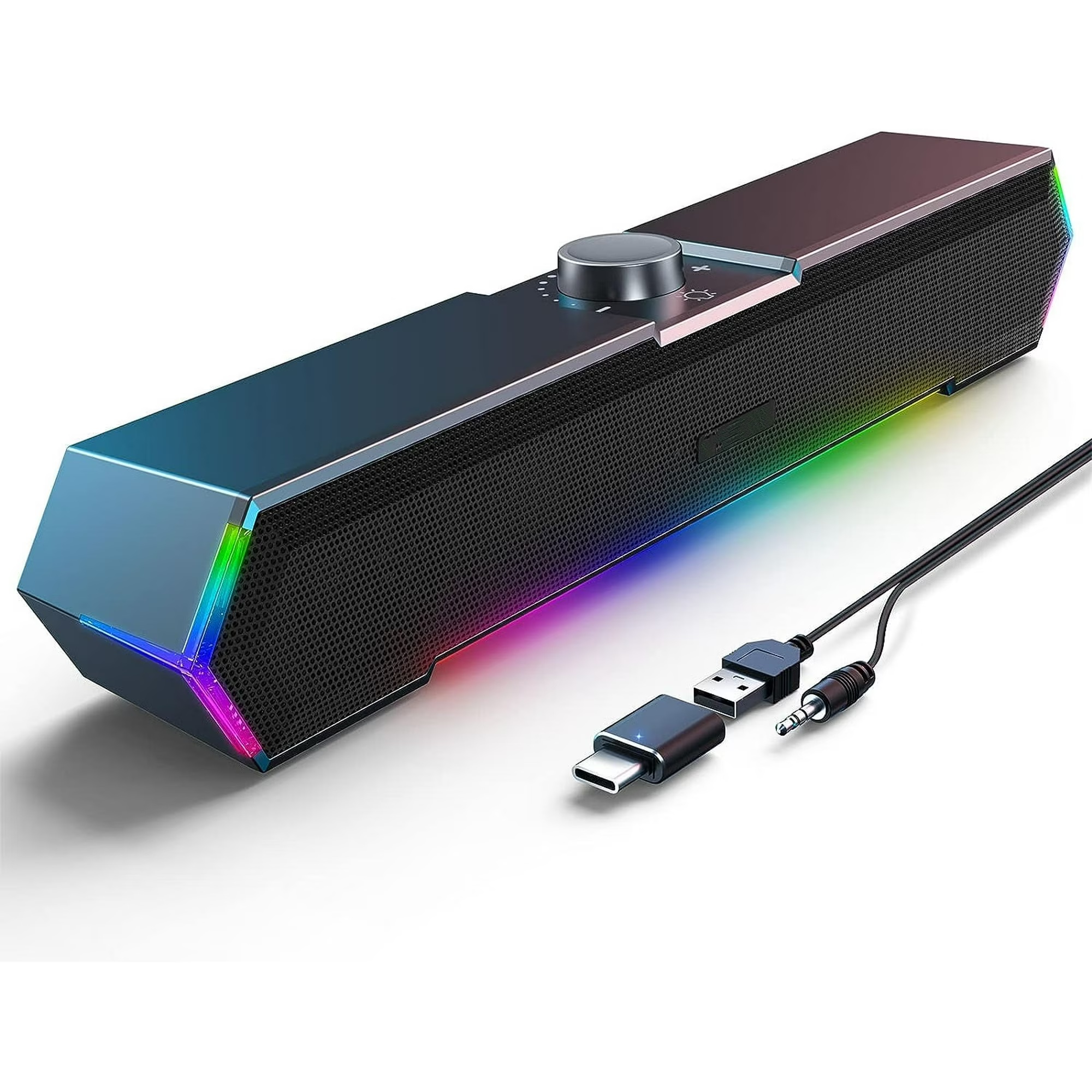 Eine schwarze Soundbar mit Regenbogen-LED-Leuchten, einem Lautstärkeregler und verschiedenen Anschlusskabeln.