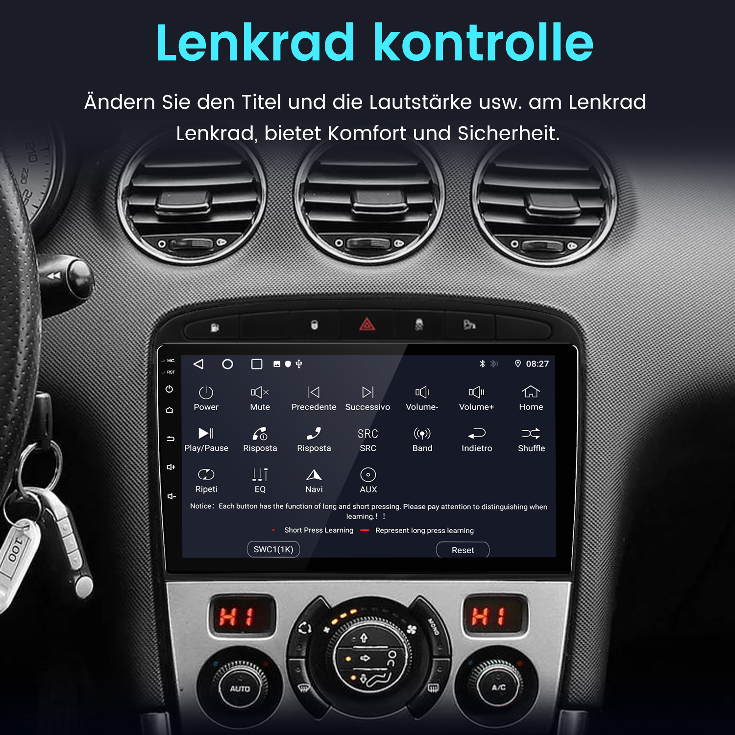 Autoinstrumententafel mit Bildschirm, der Optionen anzeigt. Tasten und Bedienelemente sind sichtbar, ebenso wie Lüftungsschlitze und Schlüssel.