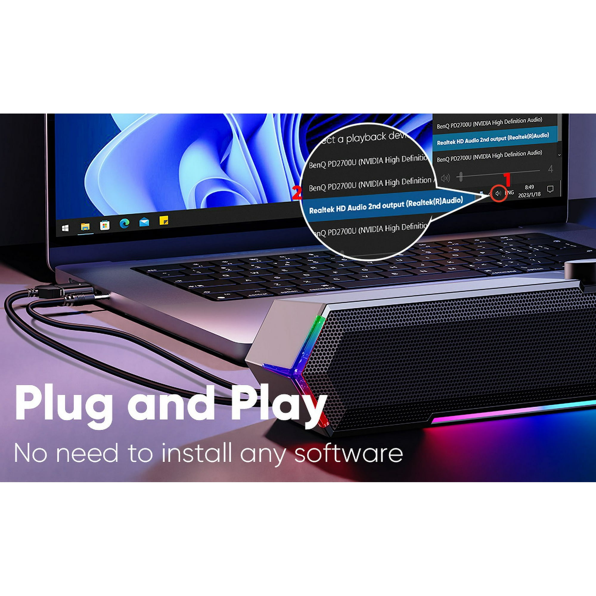 Ein Laptop mit angeschlossenem Lautsprecher, der die Audioauswahl zeigt. Text: 'Plug and Play'.