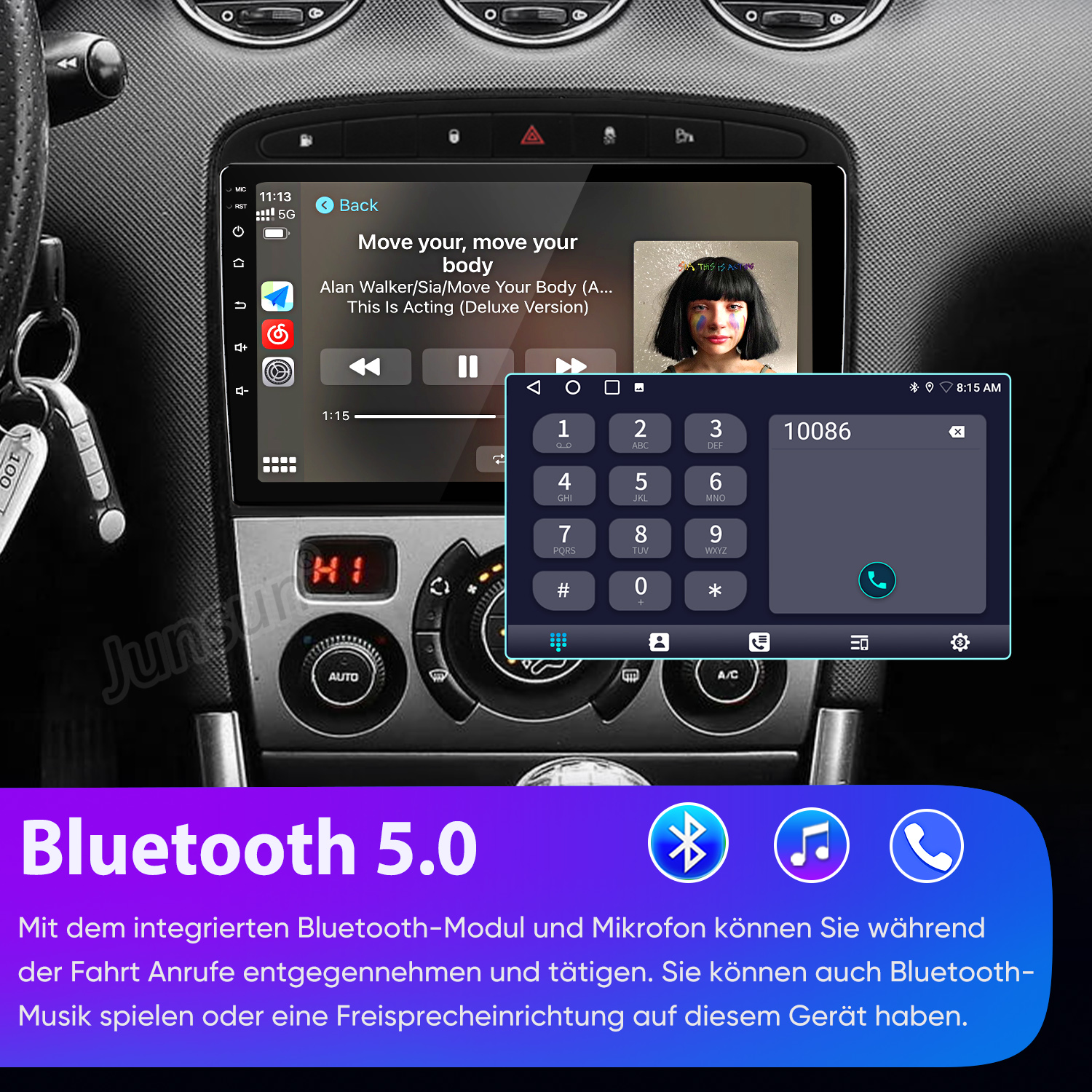 Autoradio-Bildschirm mit Musik und Wählgerät. Bluetooth 5.0 Logo unten.