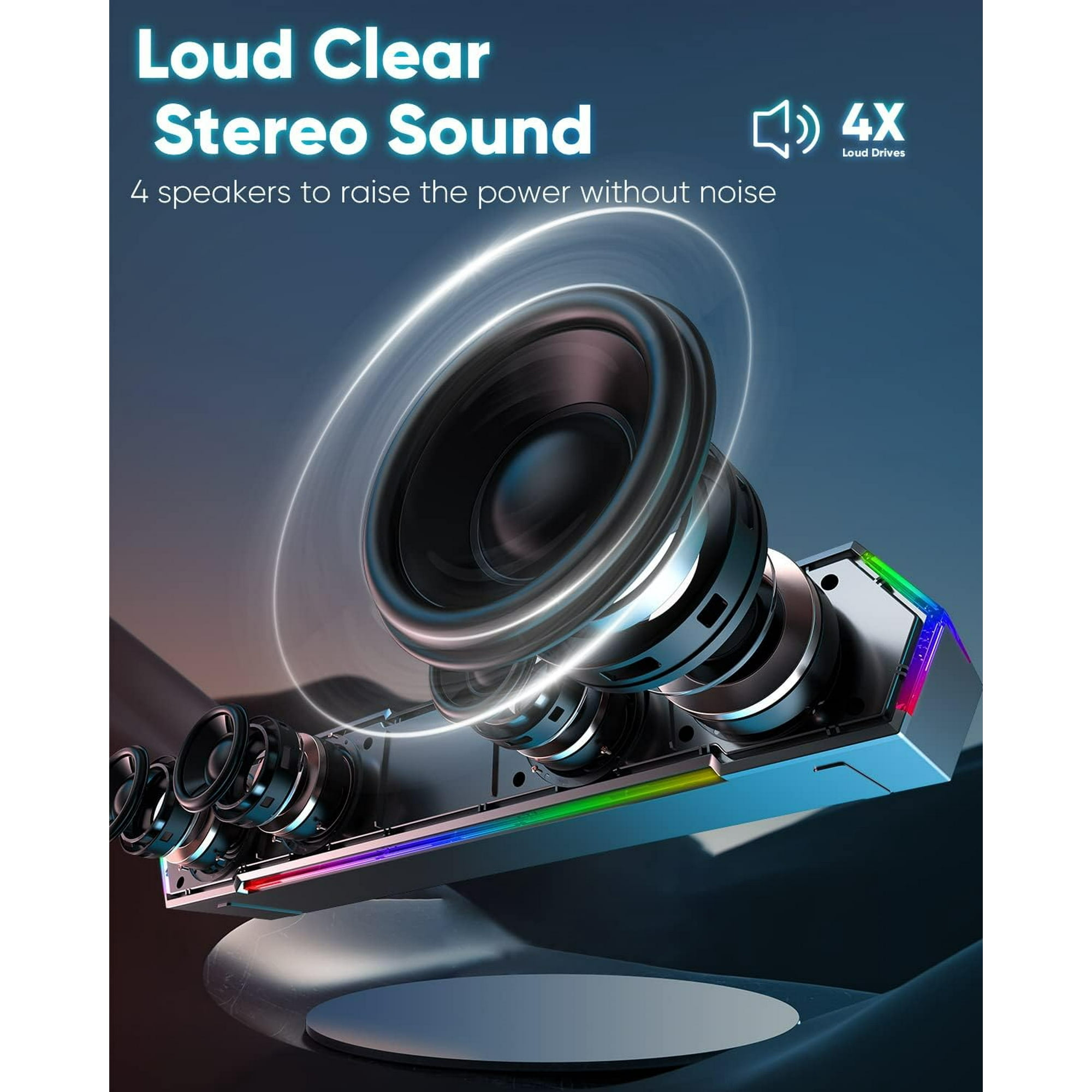 Das Bild zeigt ein Lautsprechersystem mit 4 Lautsprechern, leuchtenden Lichtern und dem Text Loud Clear Stereo Sound.