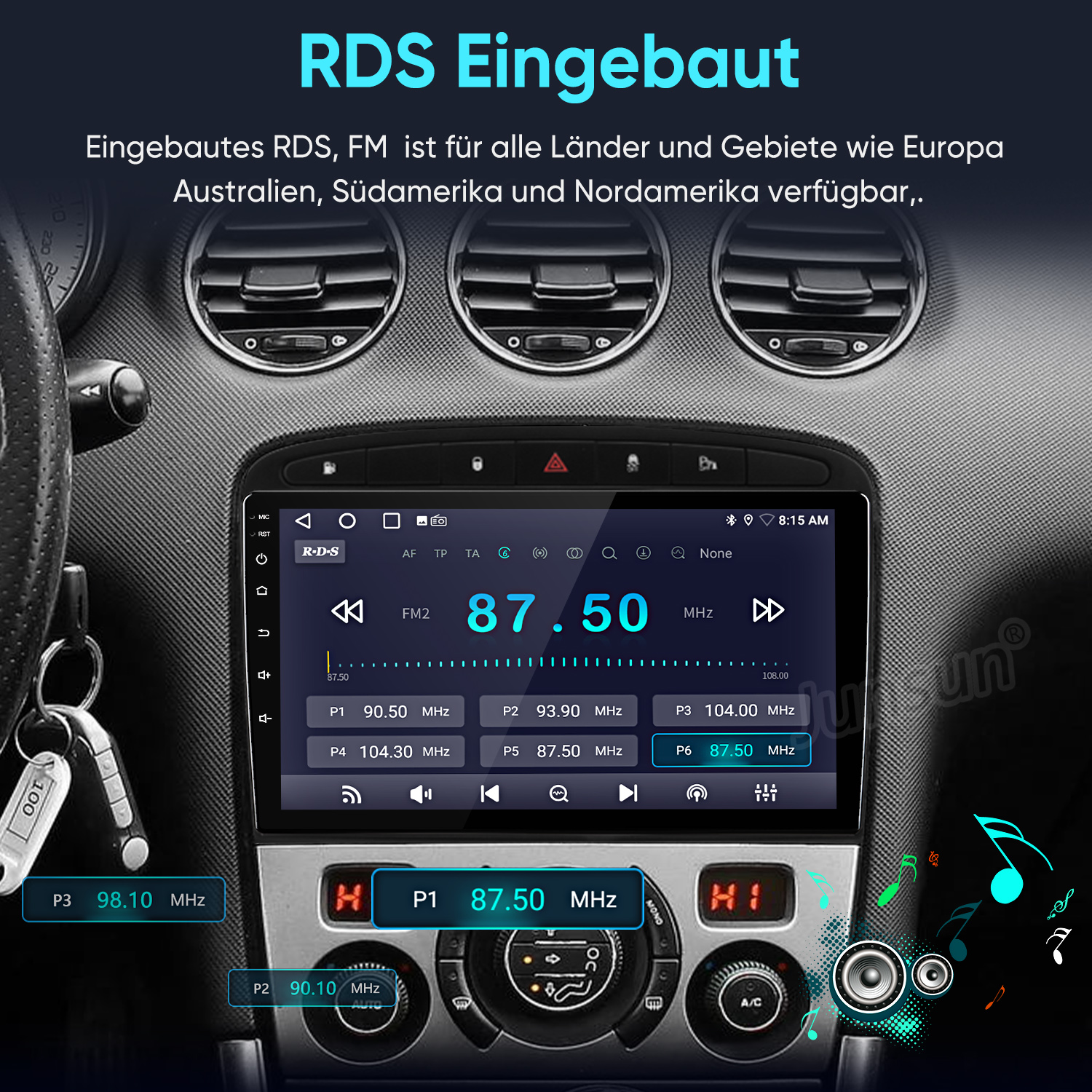 Autoradio-Bildschirm mit der UKW-Frequenz 87,50 MHz. Schlüssel und Armaturenbrett-Lüftungsschlitze sind sichtbar. Text: RDS Eingebaut.
