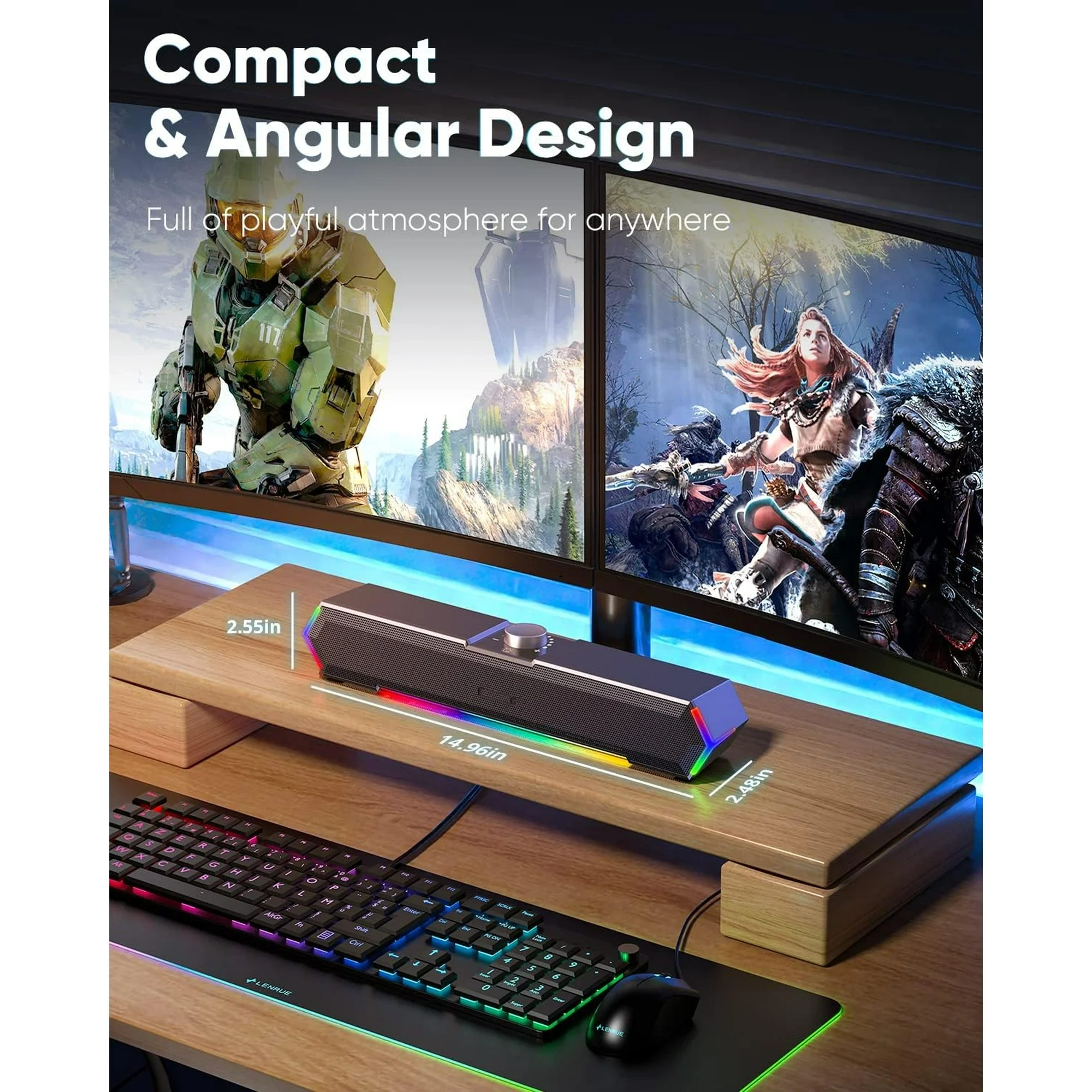 Ein Computer-Setup mit Lautsprecher, Tastatur, Maus und zwei Monitoren mit Spielgrafiken auf einem Holzschreibtisch.