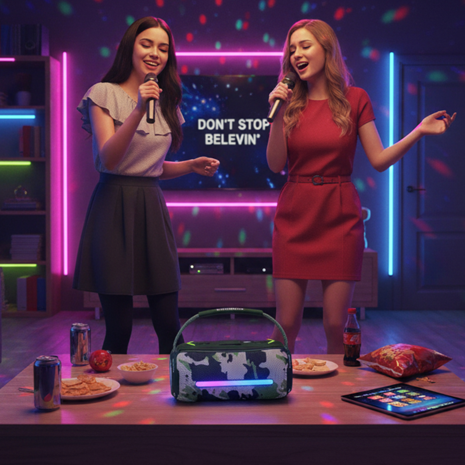 Zwei Frauen singen Karaoke in einem Raum mit Neonlicht. Ein Lautsprecher, Snacks und ein Tablet liegen auf dem Tisch.