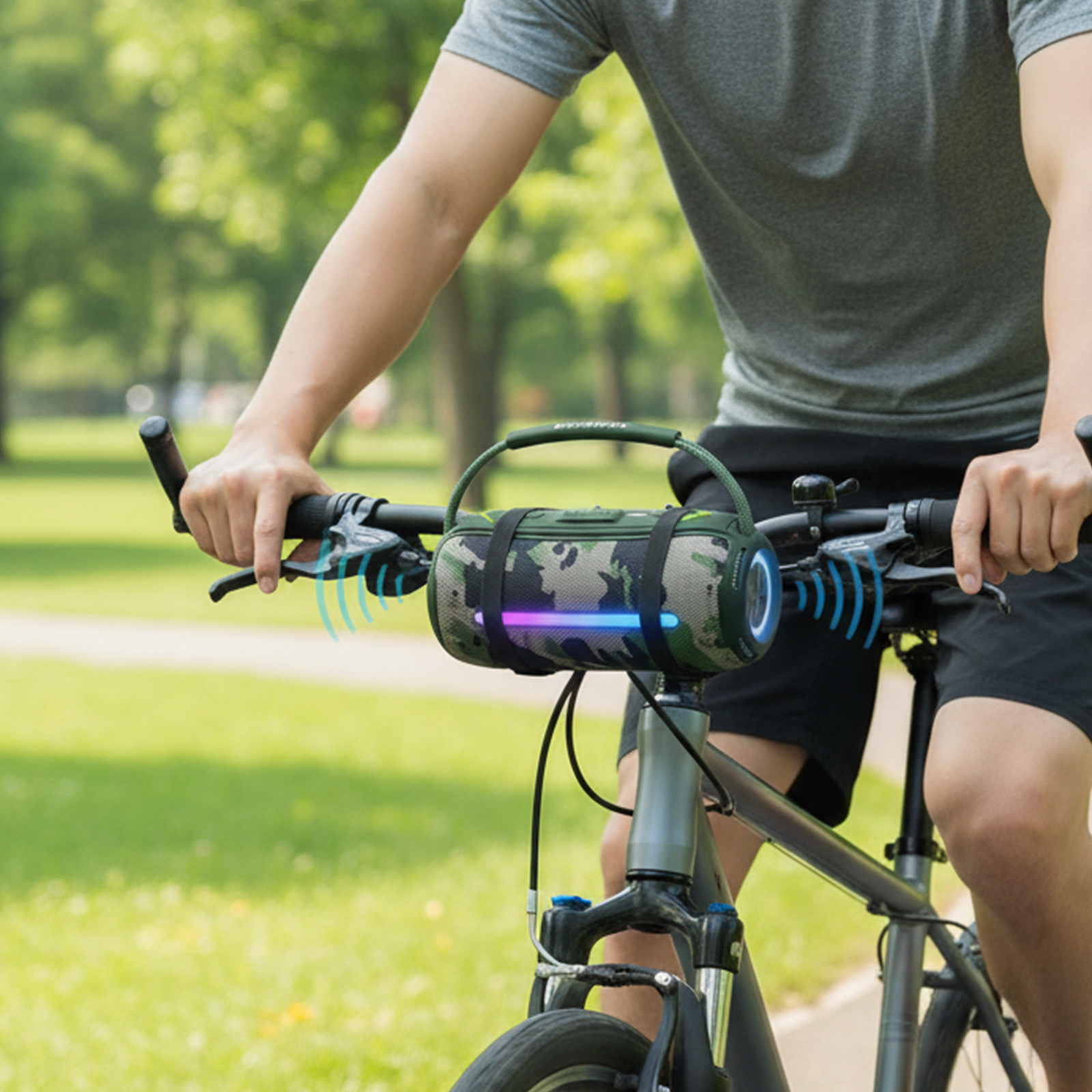 Eine Person fährt Fahrrad mit einem Camo-Lautsprecher. Der Lautsprecher gibt Schallwellen aus. Grüne Bäume sind im Hintergrund.
