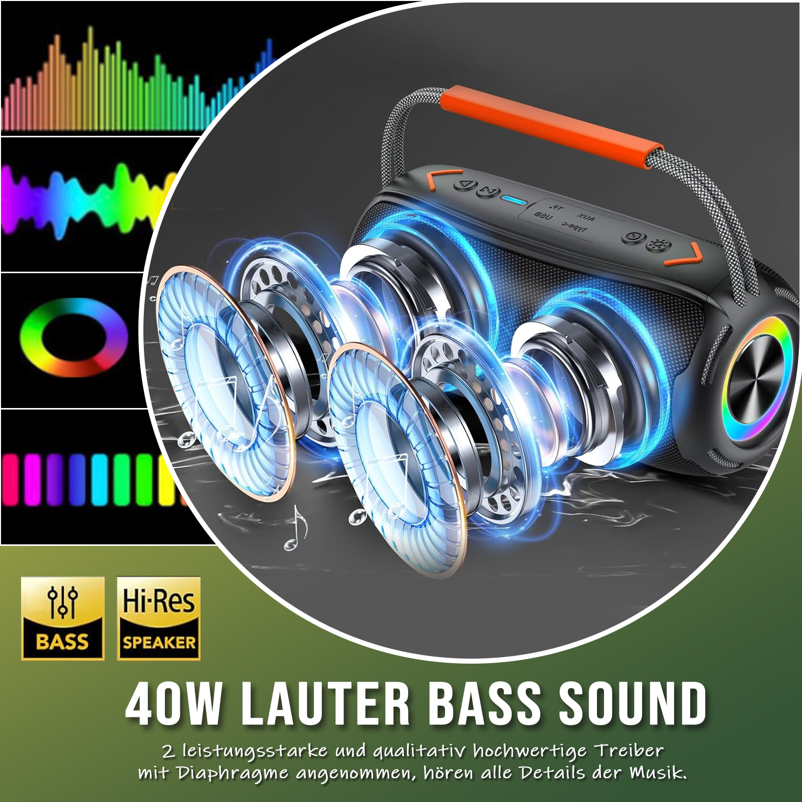 Ein schwarzer Lautsprecher mit orangefarbenem Griff und Neonlichtern, mit Visualisierungen von Schallwellen und Text über Bass Sound.