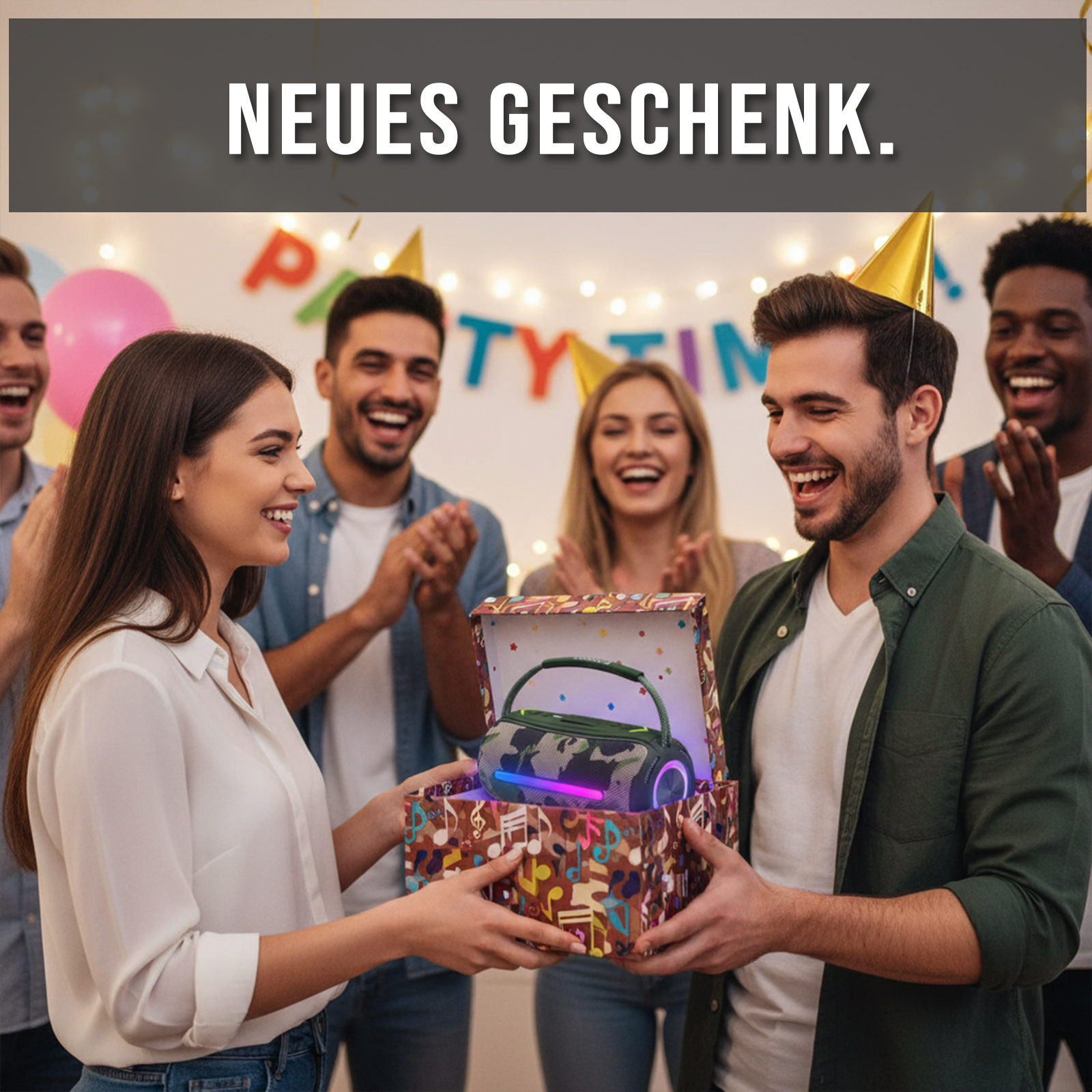 Leute auf einer Party. Eine Frau gibt einem Mann ein Geschenk, einen Lautsprecher in einer Box. Andere jubeln.