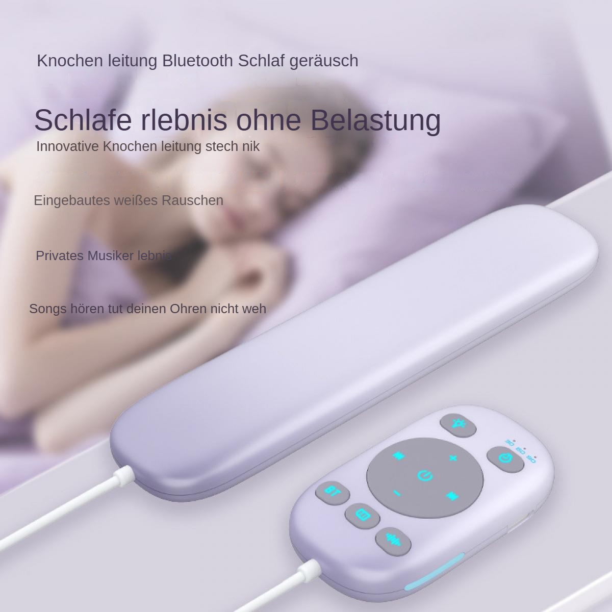 Ein weißes und lavendelfarbenes Schlafhilfegerät mit Fernbedienung. Text auf Deutsch bewirbt Vorteile. Eine Person ist unscharf im Hintergrund.