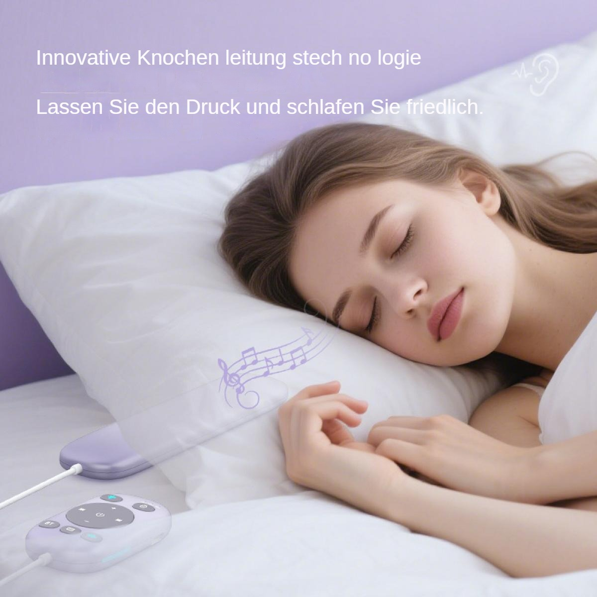 Eine Frau schläft friedlich auf einem weißen Kissen. Eine Musiknotengrafik schwebt über dem Kissen. Eine Fernbedienung und ein Gerät sind sichtbar.