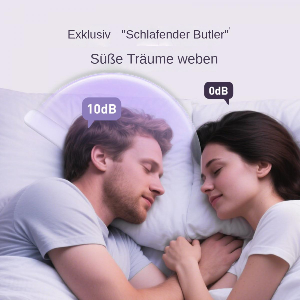 Ein friedlich schlafendes Paar auf weißen Kissen. Text weist auf ein schlafbezogenes Produkt mit Geräuschpegelanzeigen von 10 dB und 0 dB hin.